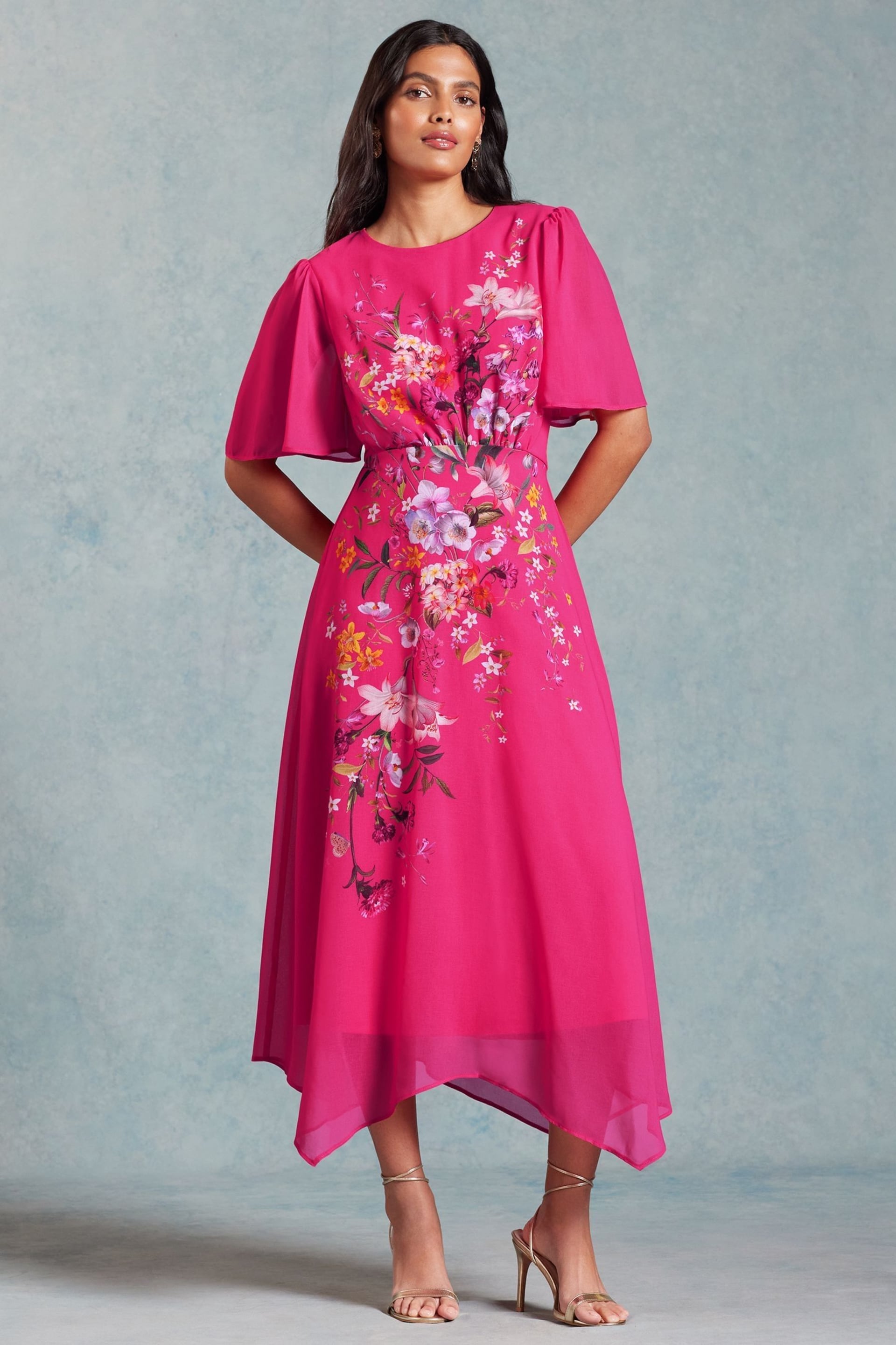 V&A | Love & Roses Pink Placement Print Flutter Sleeve Midi Dress - Image 1 of 4