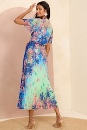 Love & Roses Blue Floral V Neck Pleated Midi Dress - Image 3 of 4