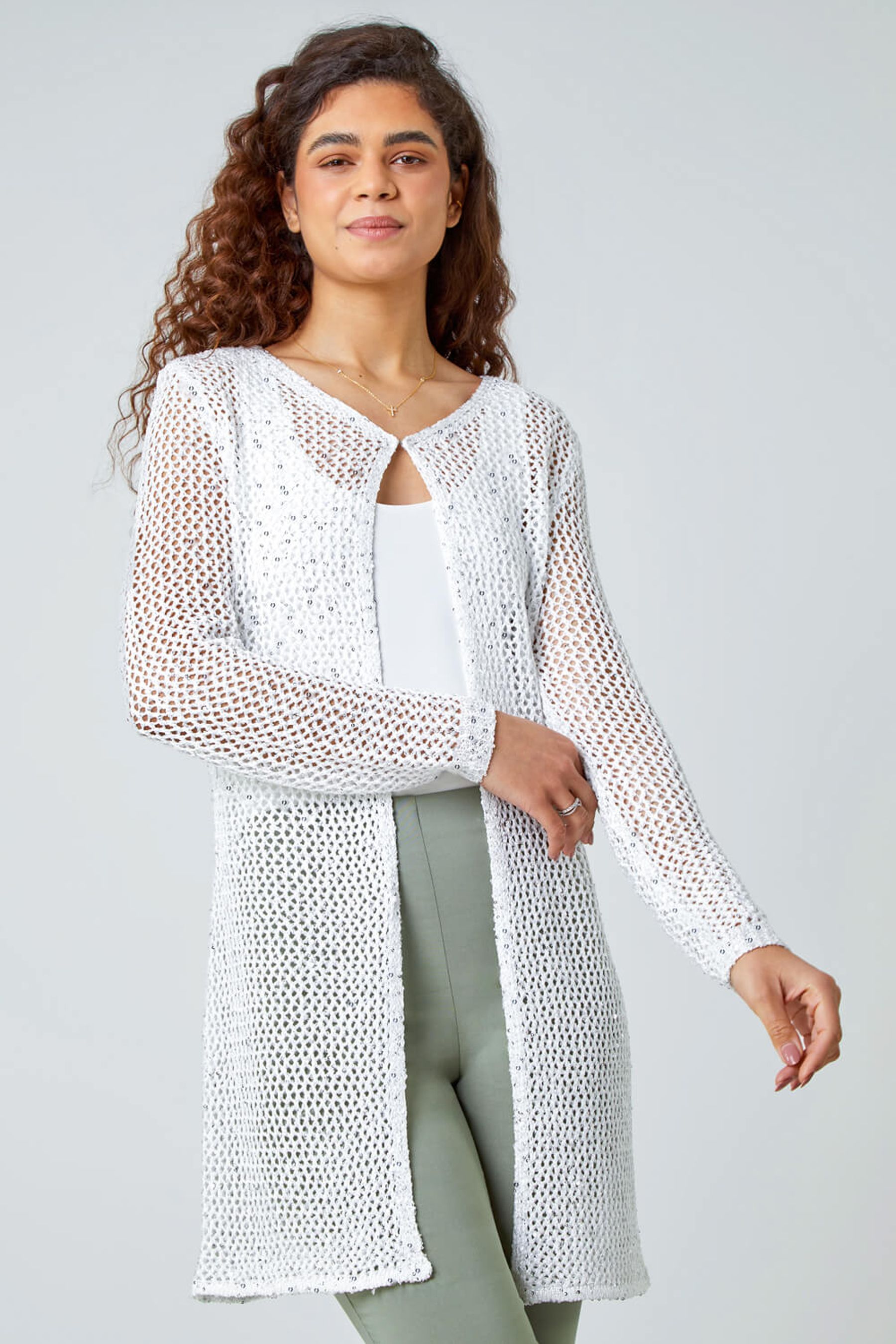 Buy Roman White Sequin Knit Longline Cardigan from the Next UK online shop