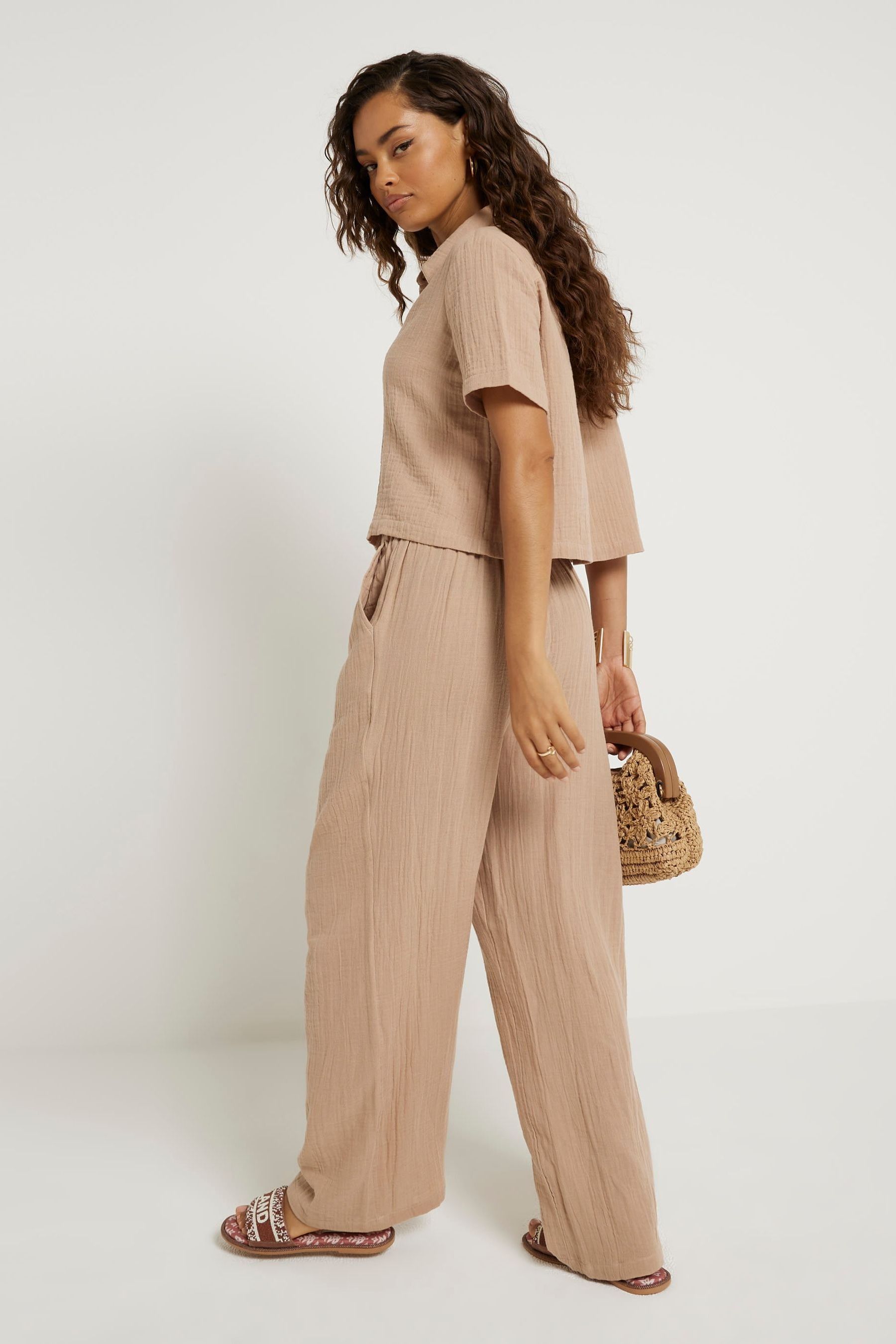 Buy River Island Beige Petite Linen Feel Double Faced Trousers from Next Luxembourg