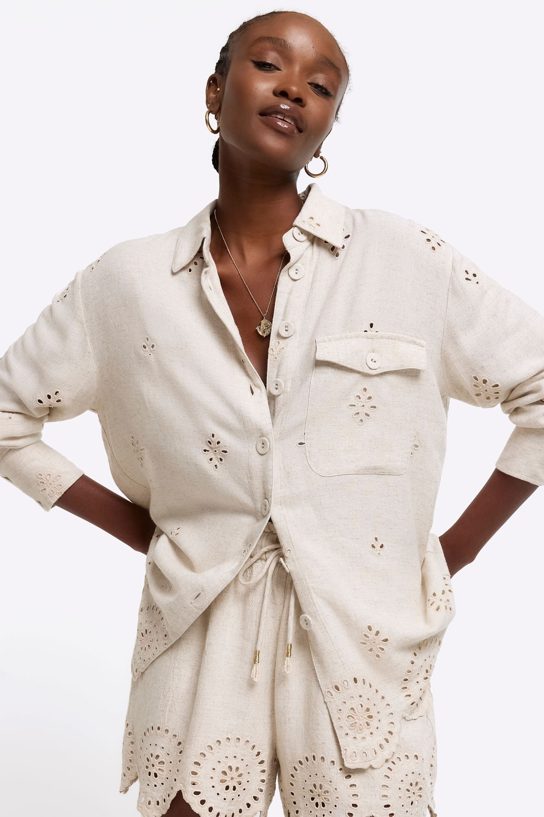 Buy River Island Stone Broderie Linen Shirt from the Next UK online shop