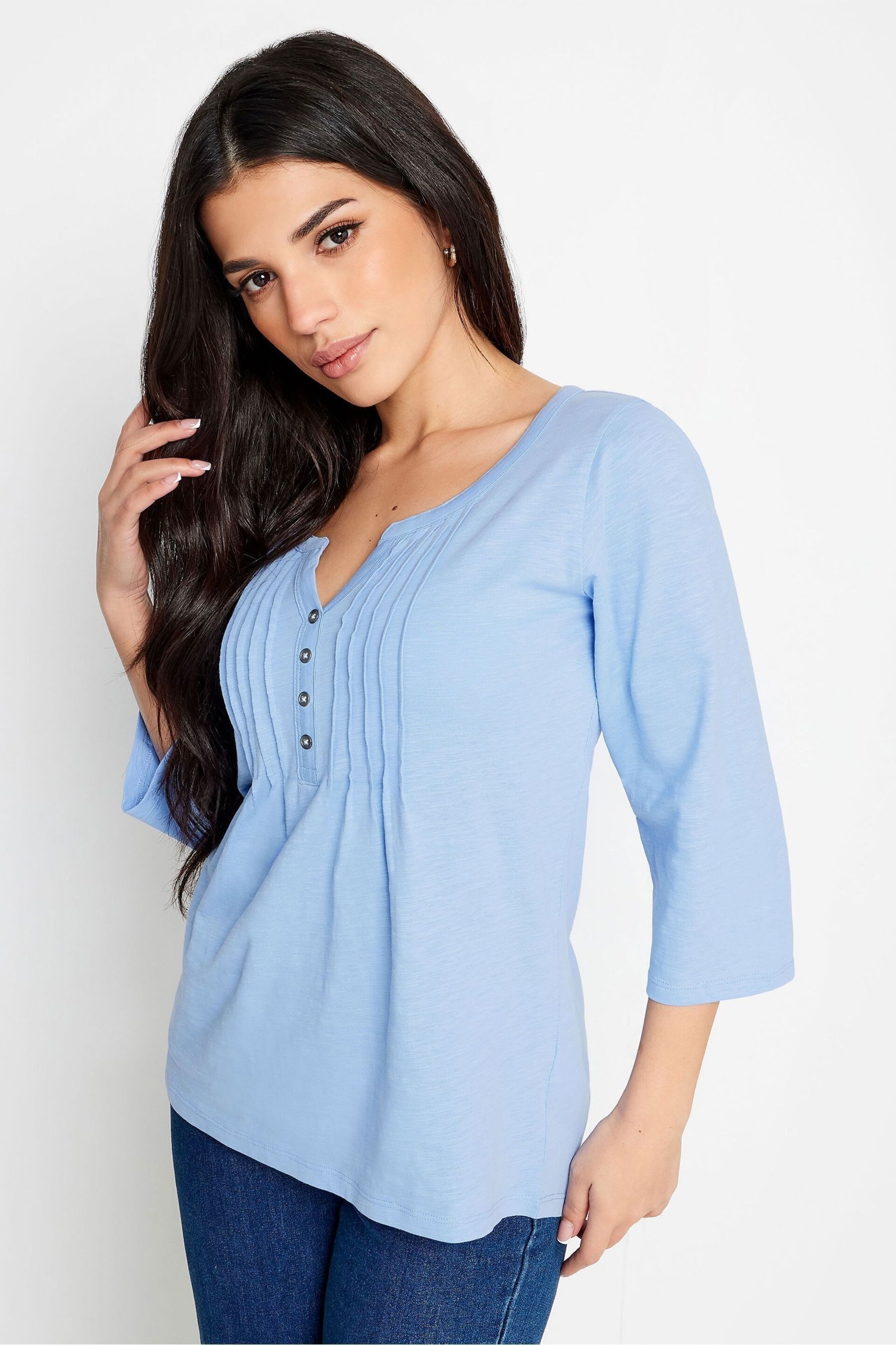 PixieGirl Petite Blue Henley Long Sleeve Cotton Blouses - Image 2 of 5