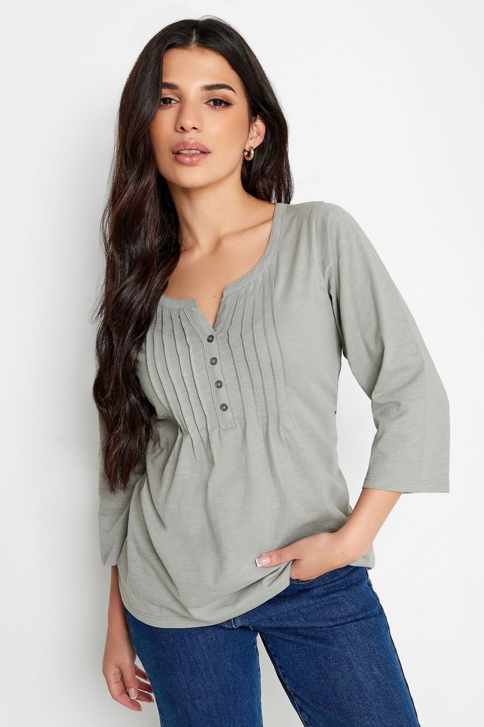 PixieGirl Petite Blue Henley Long Sleeve Cotton Blouses - Image 3 of 5