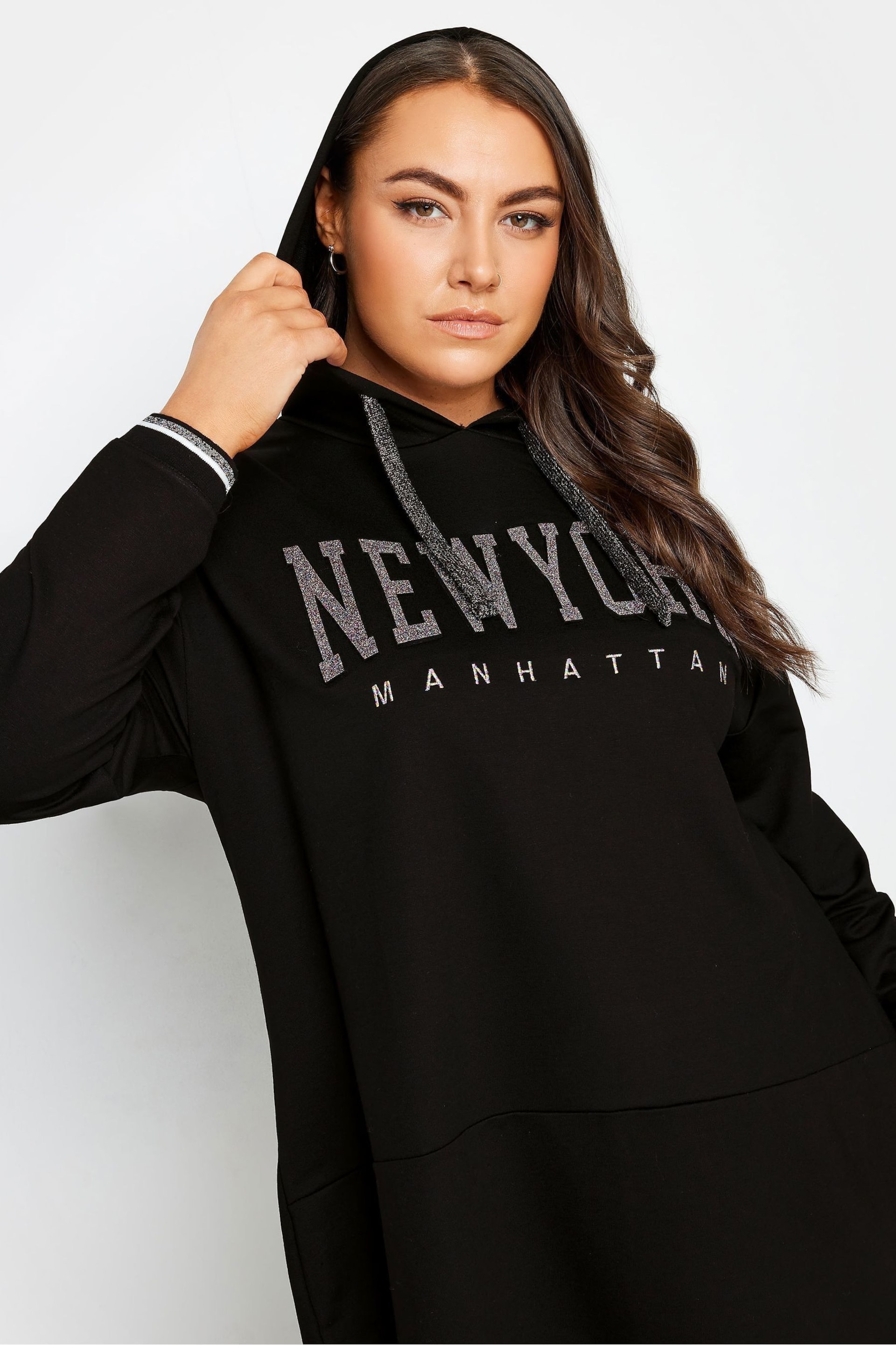 Yours Curve Black New York Glitter Embossed Hoodie - Image 4 of 4