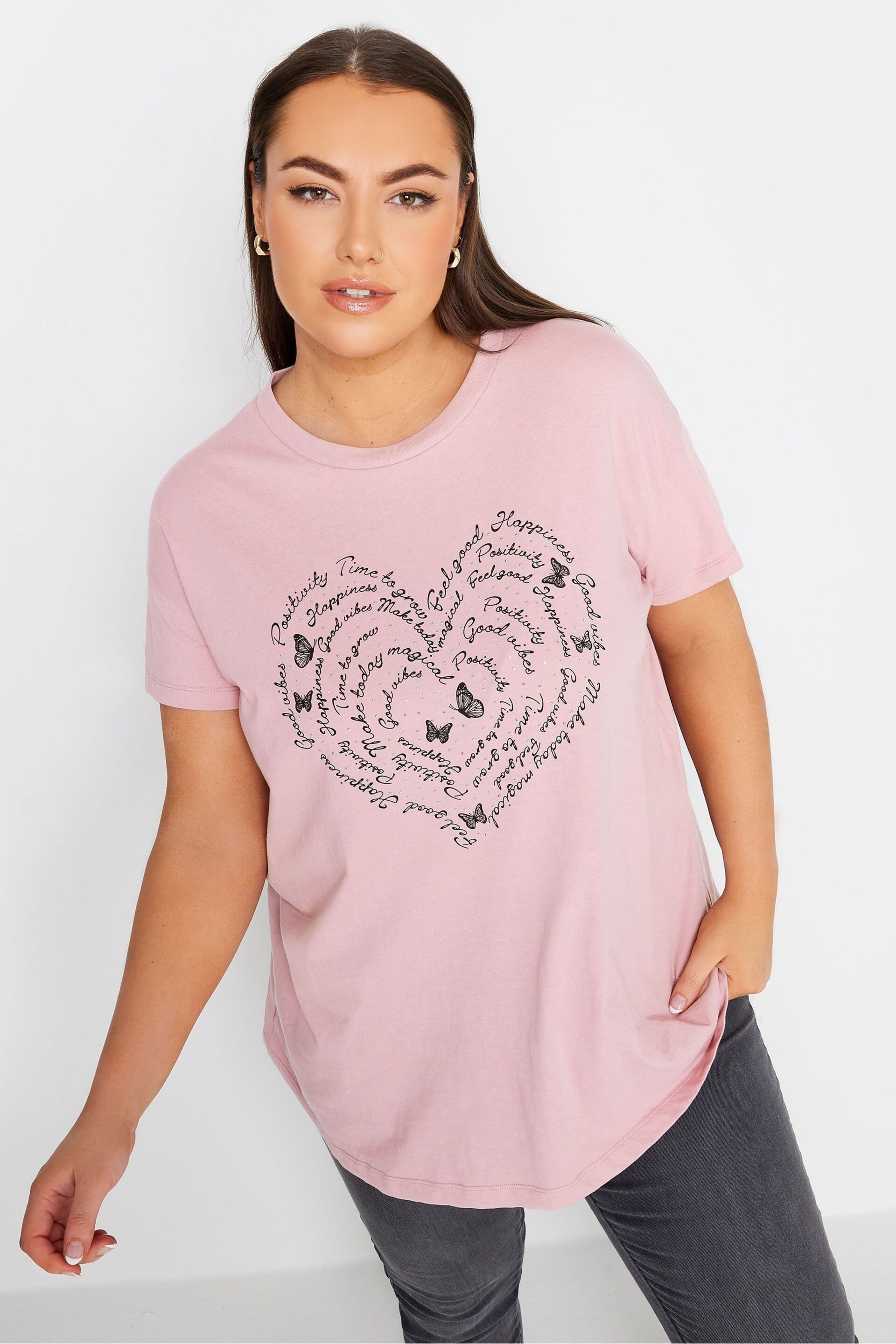 Yours Curve Pink Placement Print T-Shirt - Image 1 of 4