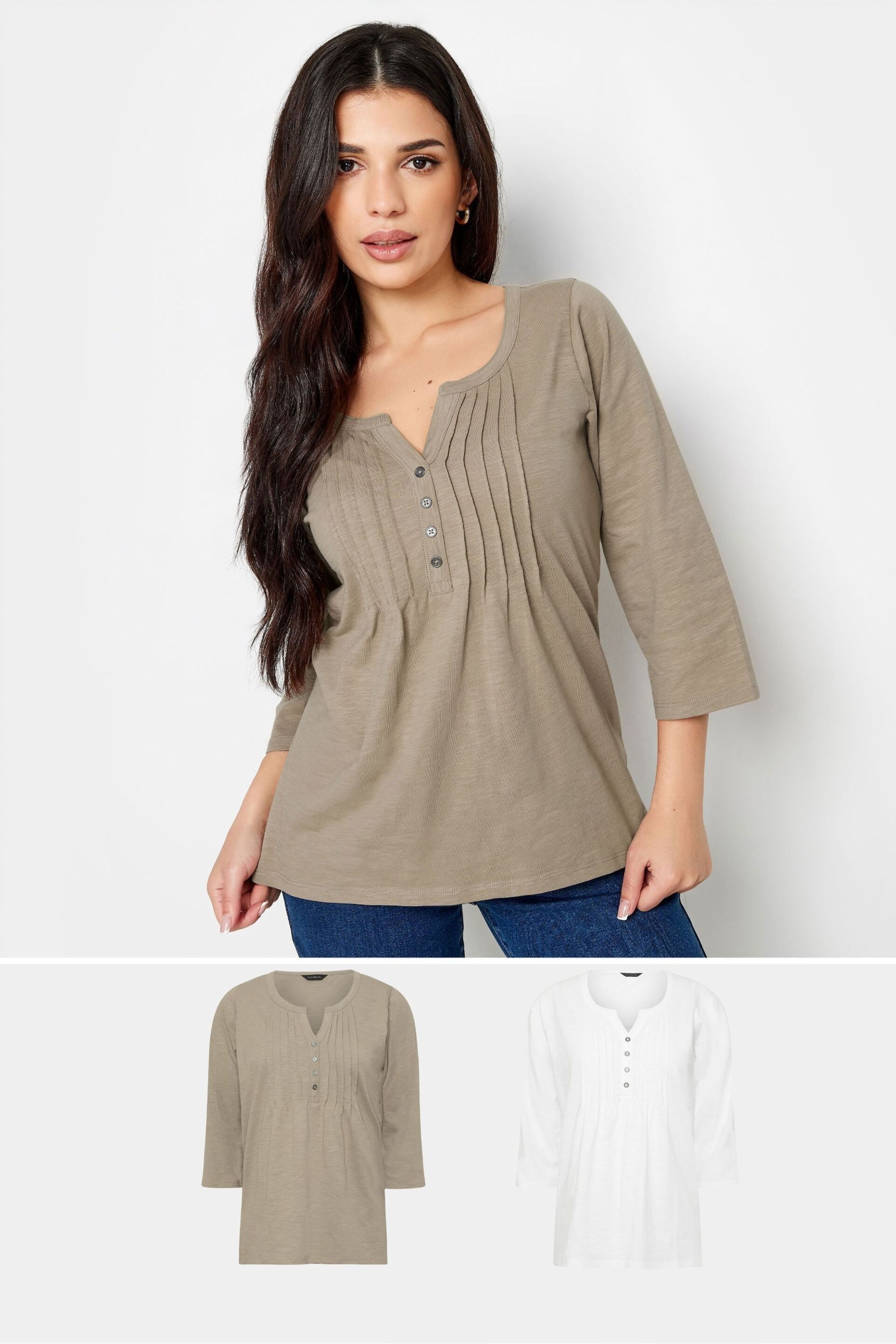 PixieGirl Petite Natural Henley Long Sleeve Cotton Blouses - Image 1 of 5