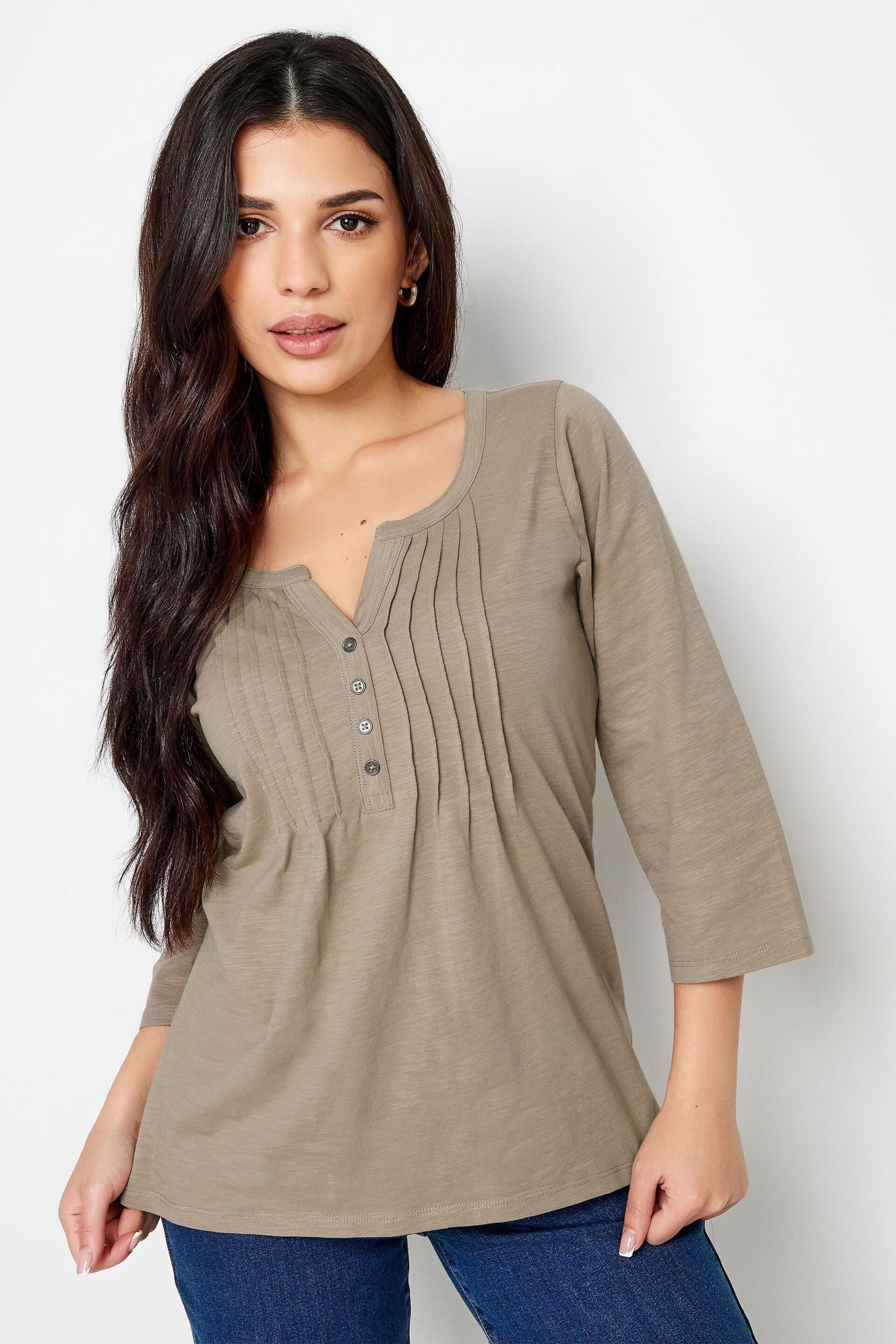 PixieGirl Petite Natural Henley Long Sleeve Cotton Blouses - Image 2 of 5