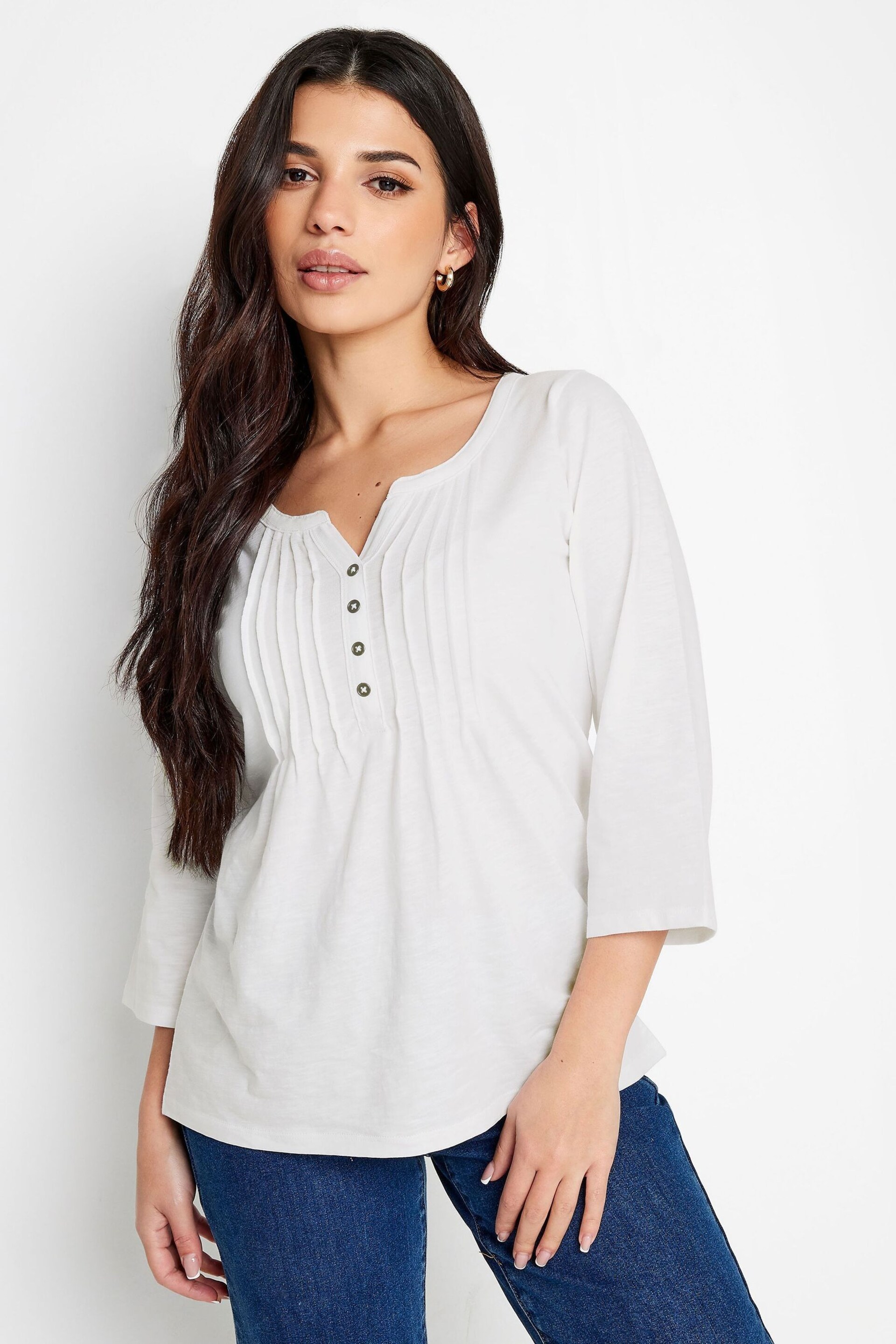 PixieGirl Petite Natural Henley Long Sleeve Cotton Blouses - Image 5 of 5