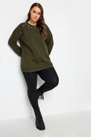 Yours Curve Khaki Green Eyelet Detailed Sweatshirt - Image 2 of 4