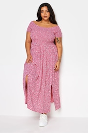 Yours Curve Pink Ditsy Floral Print Shirred Bardot Maxi Dress - Image 1 of 5