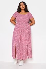 Yours Curve Pink Ditsy Floral Print Shirred Bardot Maxi Dress - Image 2 of 5