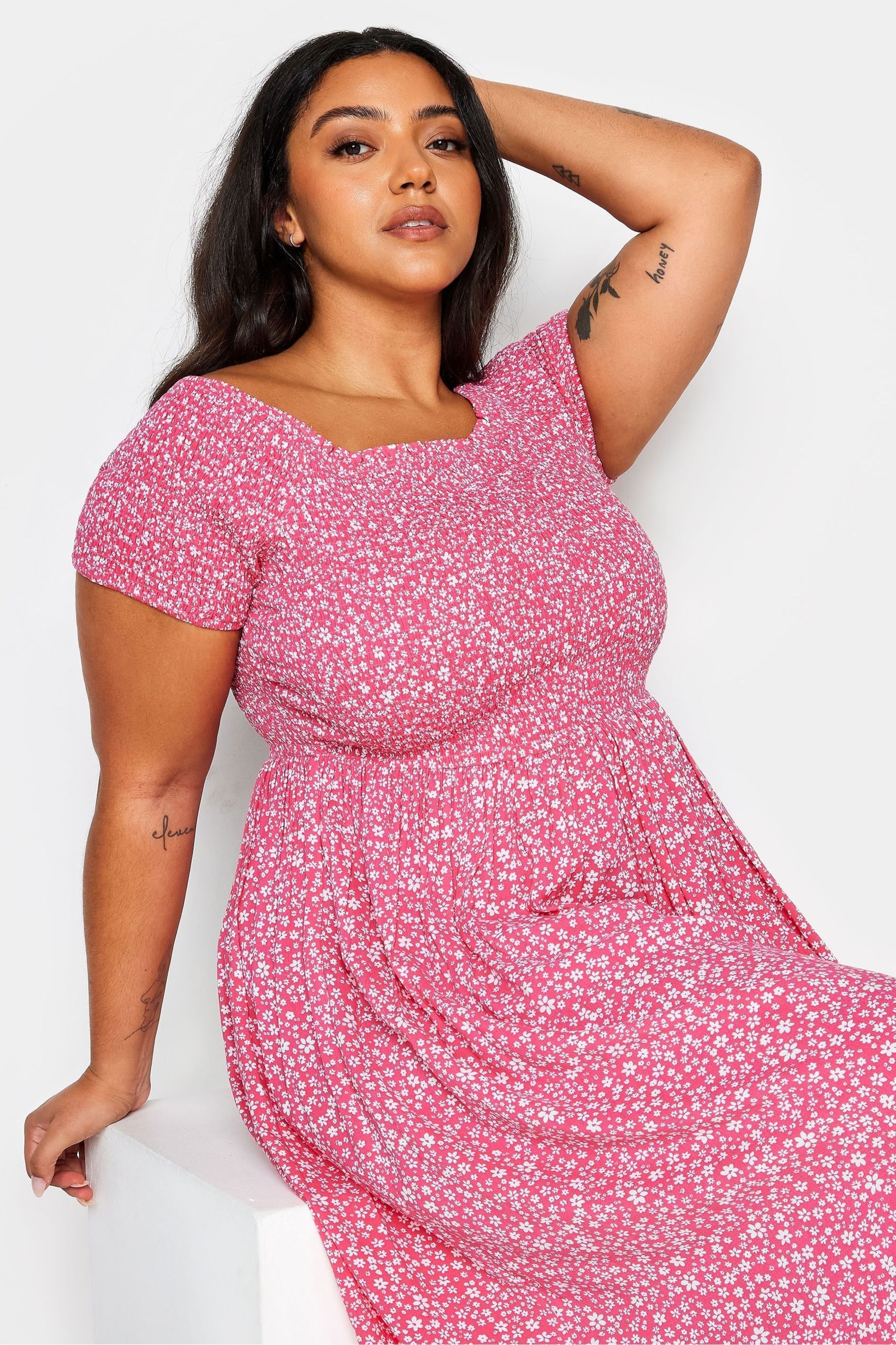 Yours Curve Pink Ditsy Floral Print Shirred Bardot Maxi Dress - Image 4 of 5