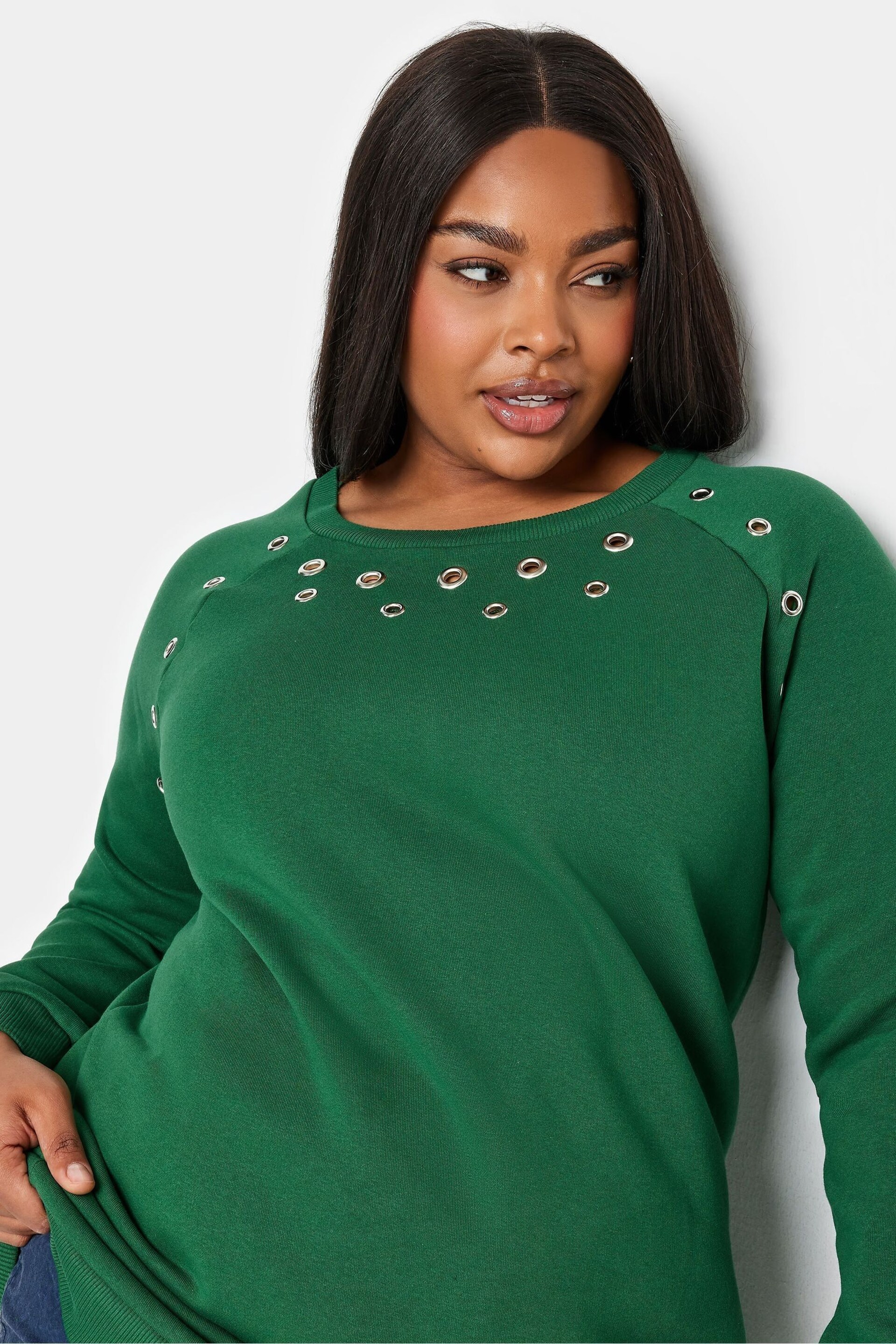 Yours Curve Green Dark Eyelet Detailed Sweatshirt - Image 4 of 4