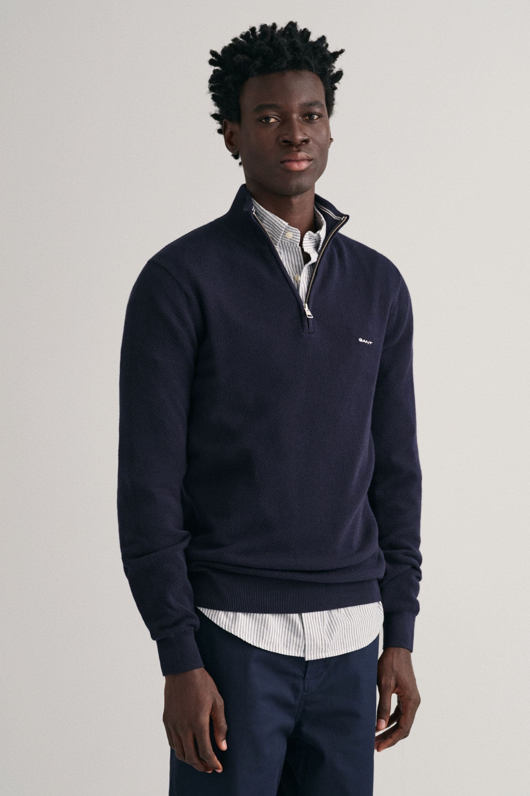 GANT Evening Blue 100 Cotton Pique Quarter Zip Jumper