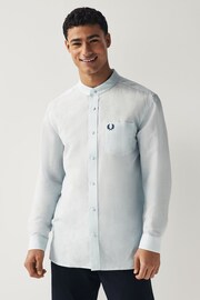 Fred Perry Blue Linen Blend Grandad Collar Long Sleeve Shirt - Image 1 of 5