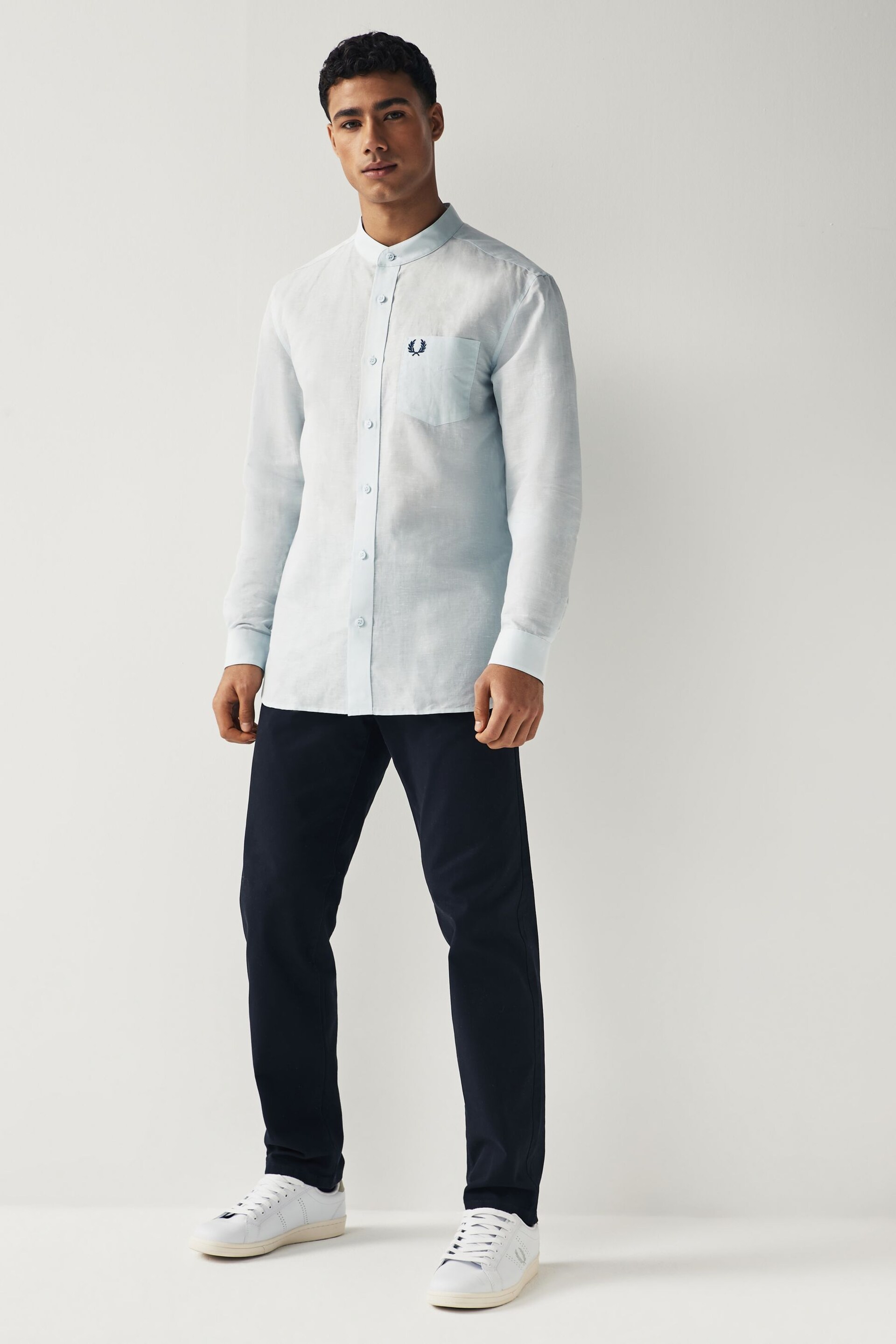 Fred Perry Blue Linen Blend Grandad Collar Long Sleeve Shirt - Image 2 of 5