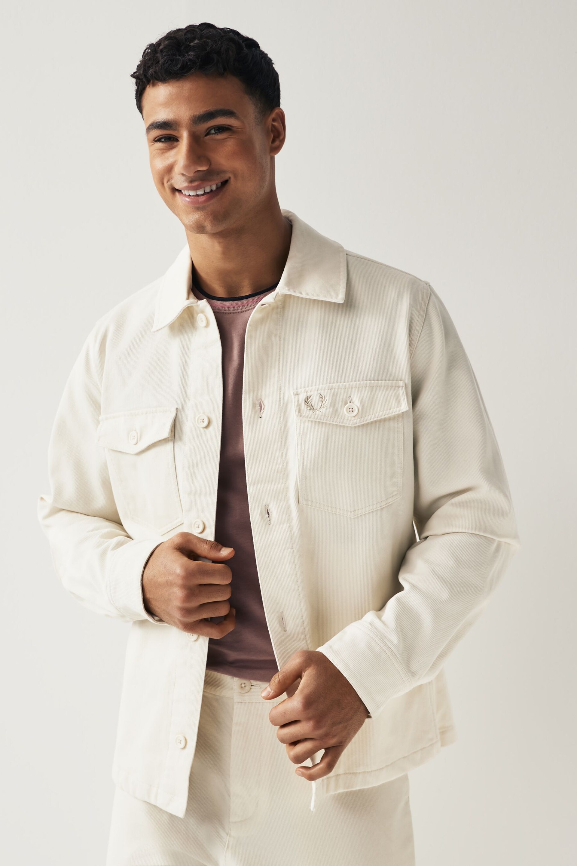 Fred Perry Ecru White Bedford Cord Overshirt - Image 1 of 6