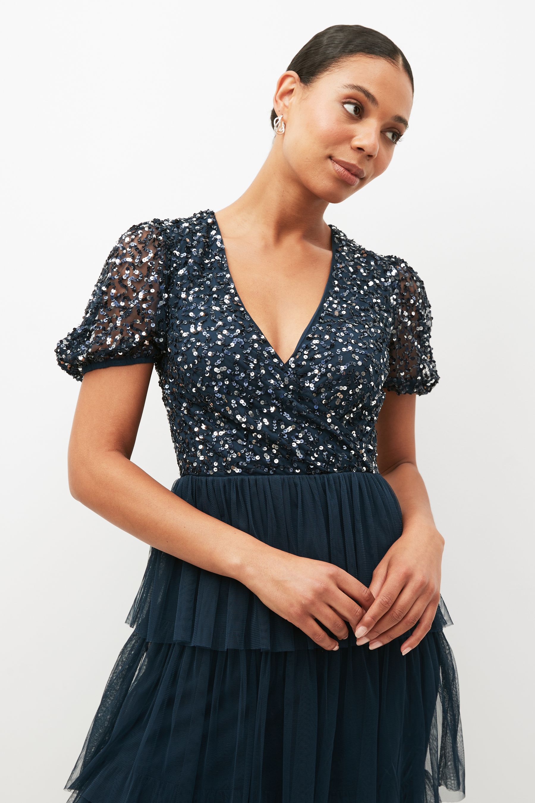 Buy Maya Navy Blue Delicate Sequin Tiered Maxi Dress from Next Luxembourg
