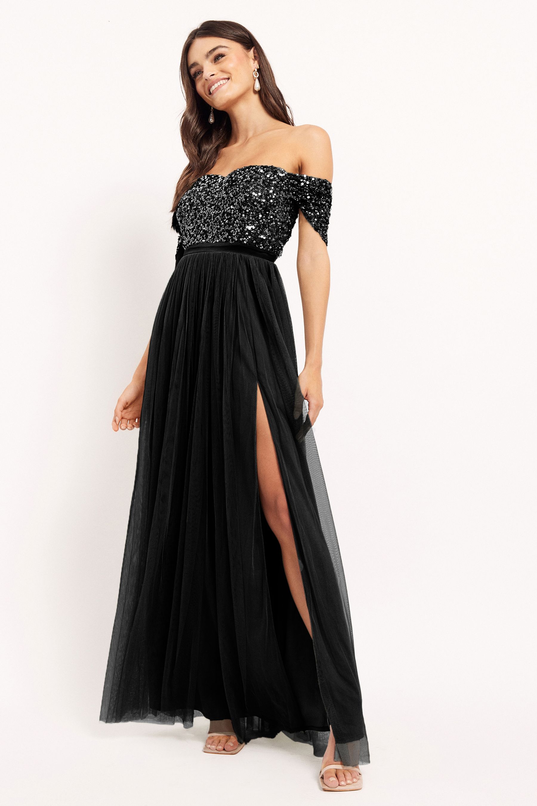 Maya tall bardot sequin detail maxi dress with bow back detail shop
