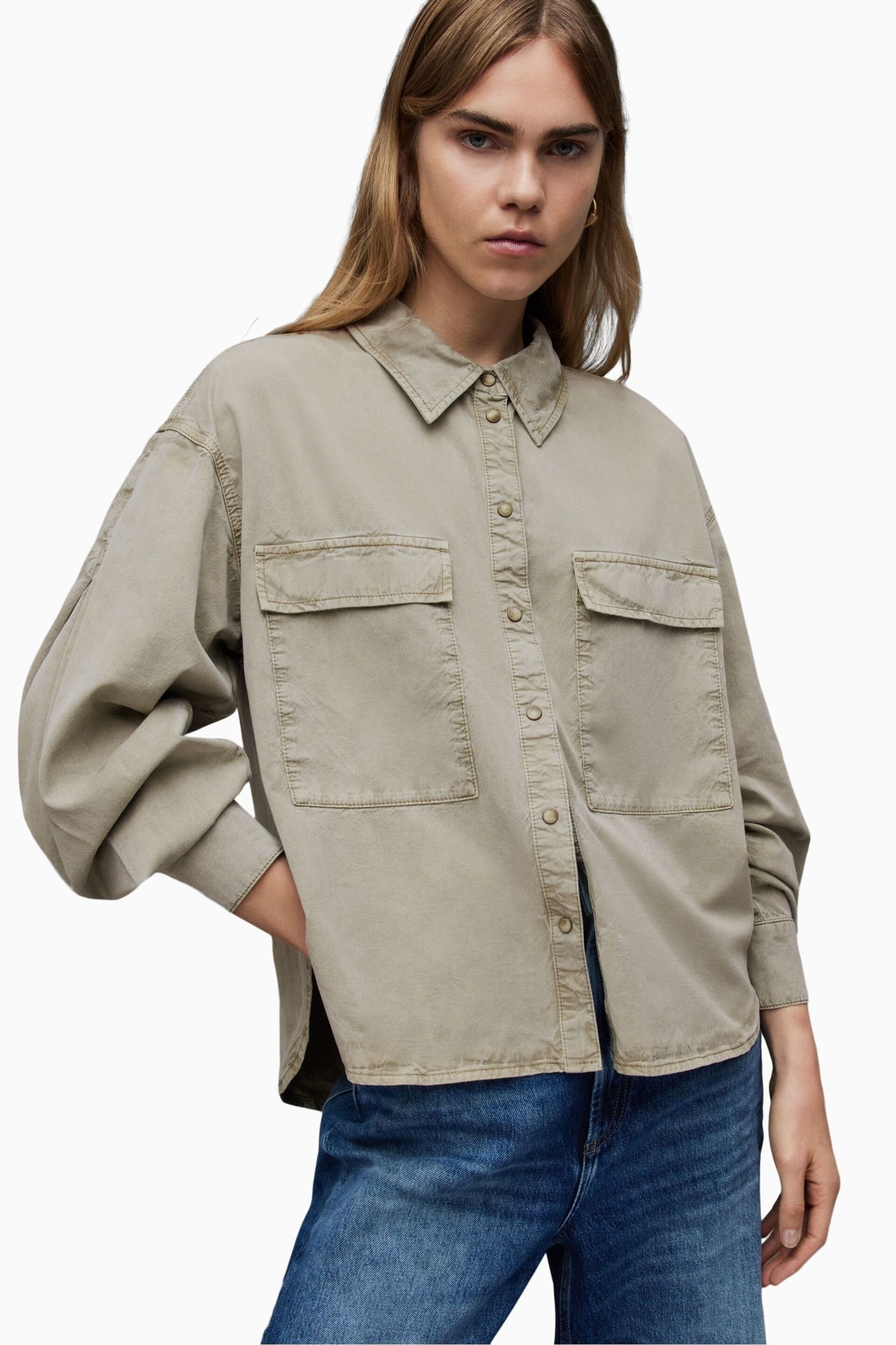 AllSaints Grey Eliana Denim Shirt - Image 3 of 10