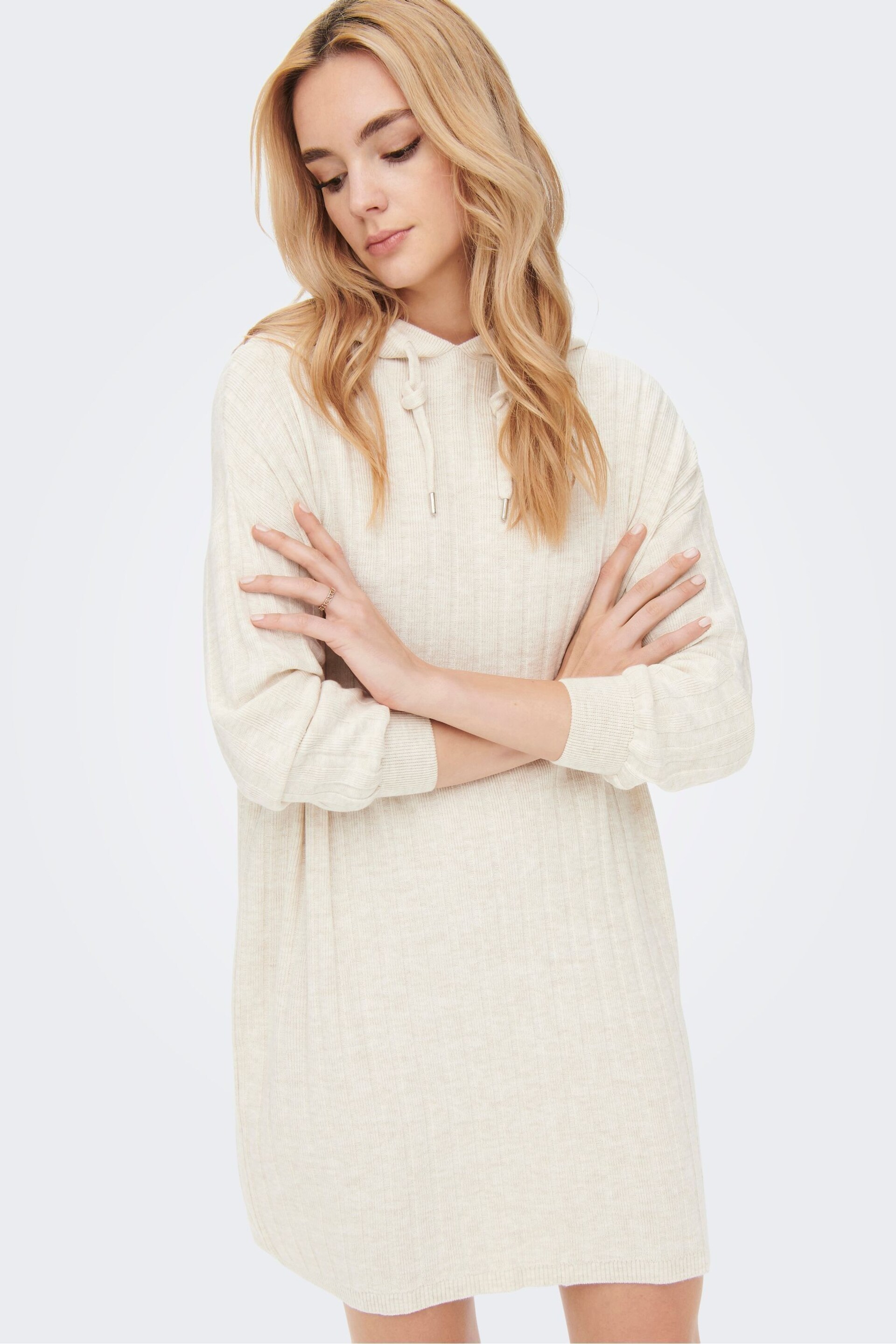 ONLY Cream Knitted Hooded Cosy Lounge Jumper Dress - Image 1 of 6