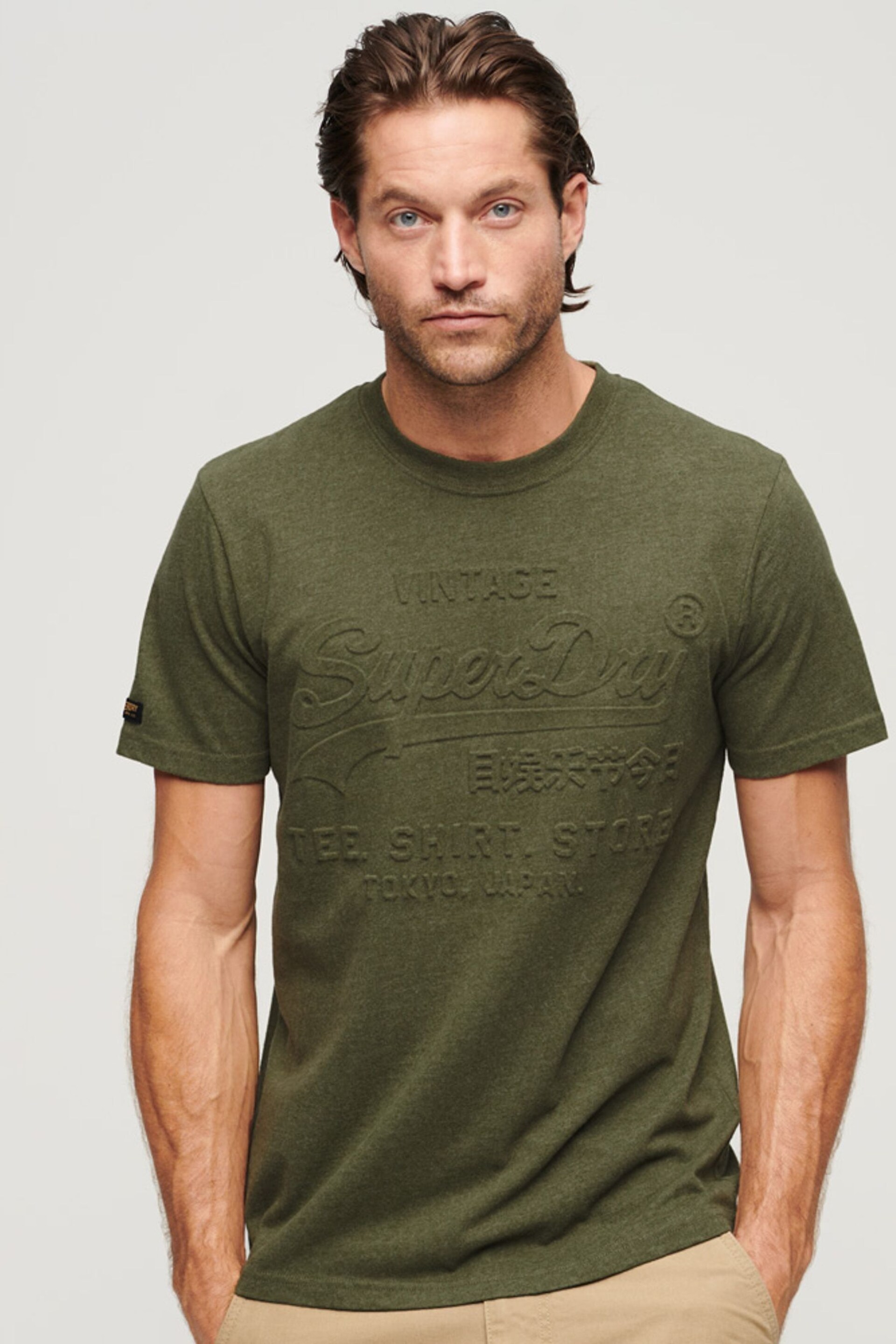 Superdry Green Embossed Vintage Logo T-Shirt - Image 1 of 5