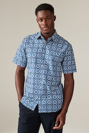 Light Blue/Blue Geometric Regular Fit 100% Cotton Printed Short Sleeve Shirt - Image 1 of 7