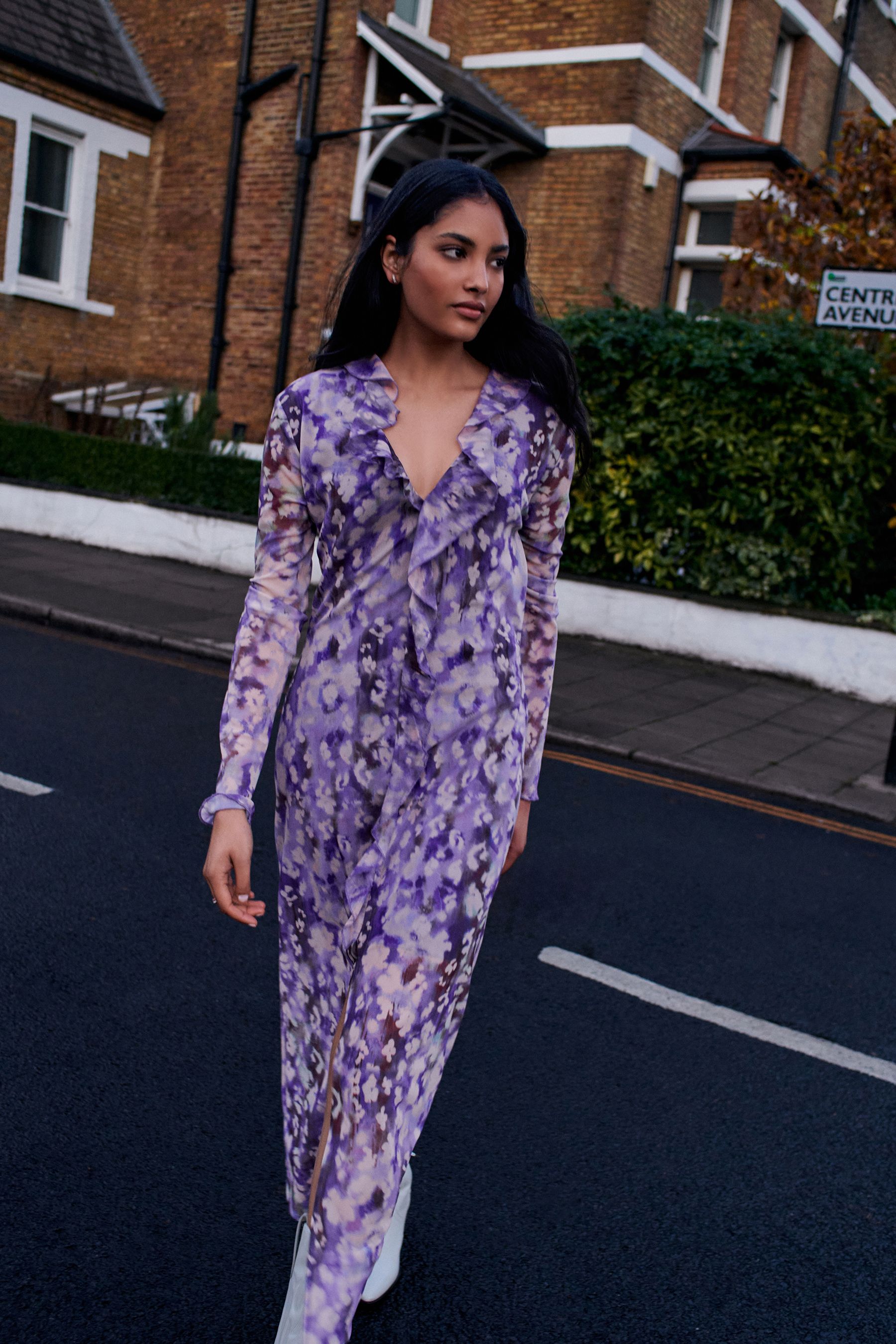 Buy Lilac Purple Long Sleeve Mesh Ruffle Maxi Dress from Next Luxembourg