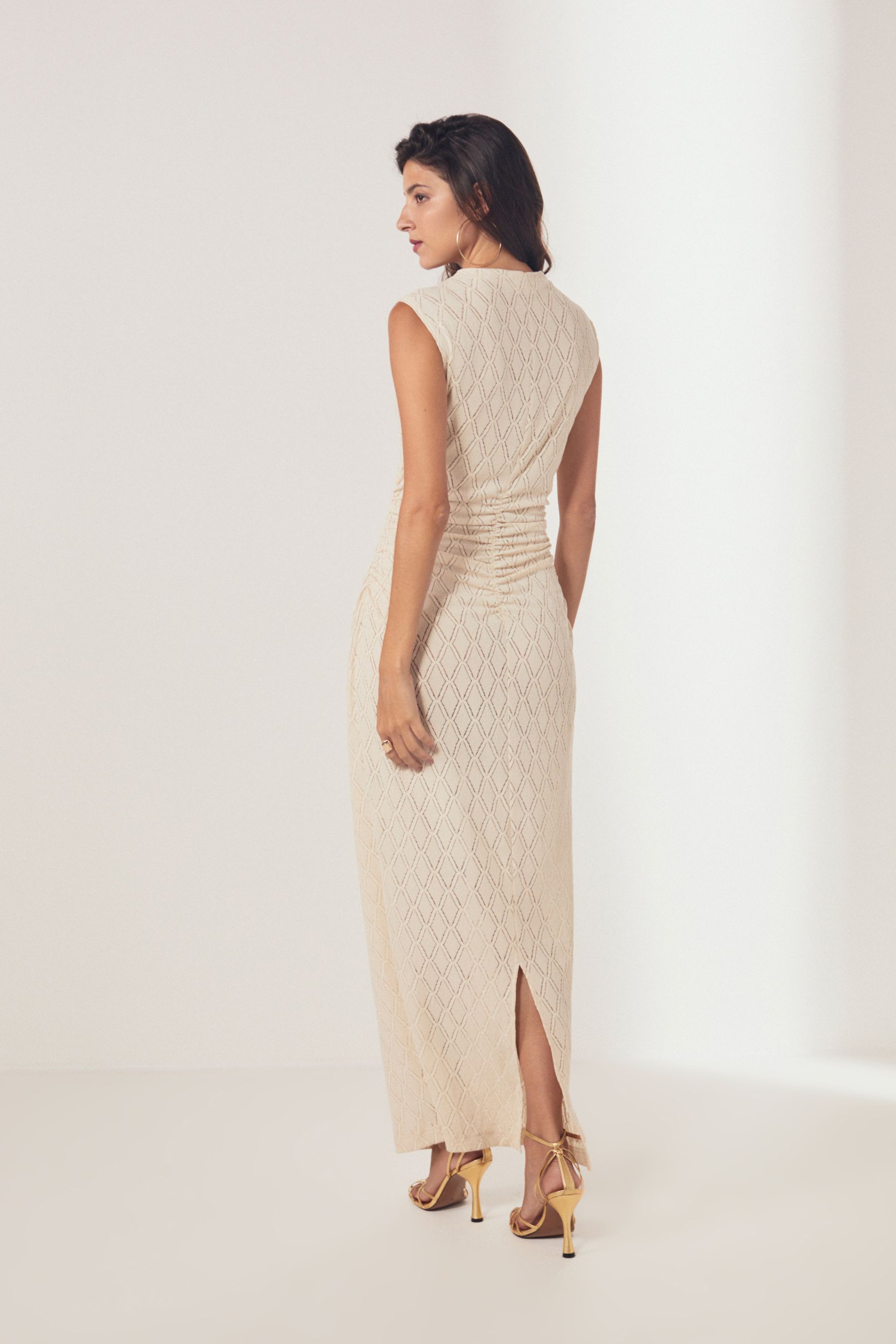 Buy Ecru White Diamond Textured Sleeveless Ruched Maxi Dress from Next Luxembourg
