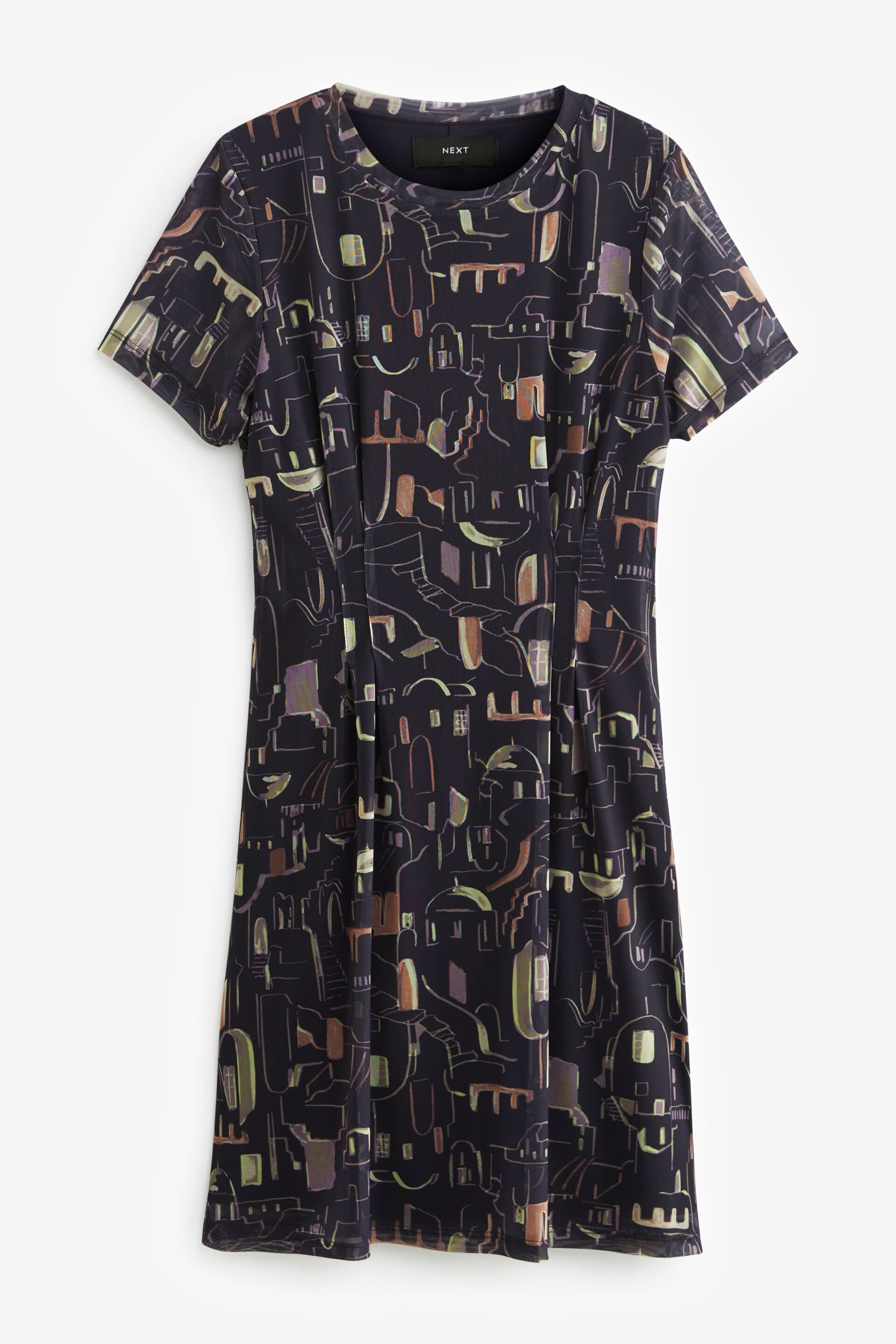 Navy Linear Print Mesh Corset Detail Mini Dress - Image 5 of 6