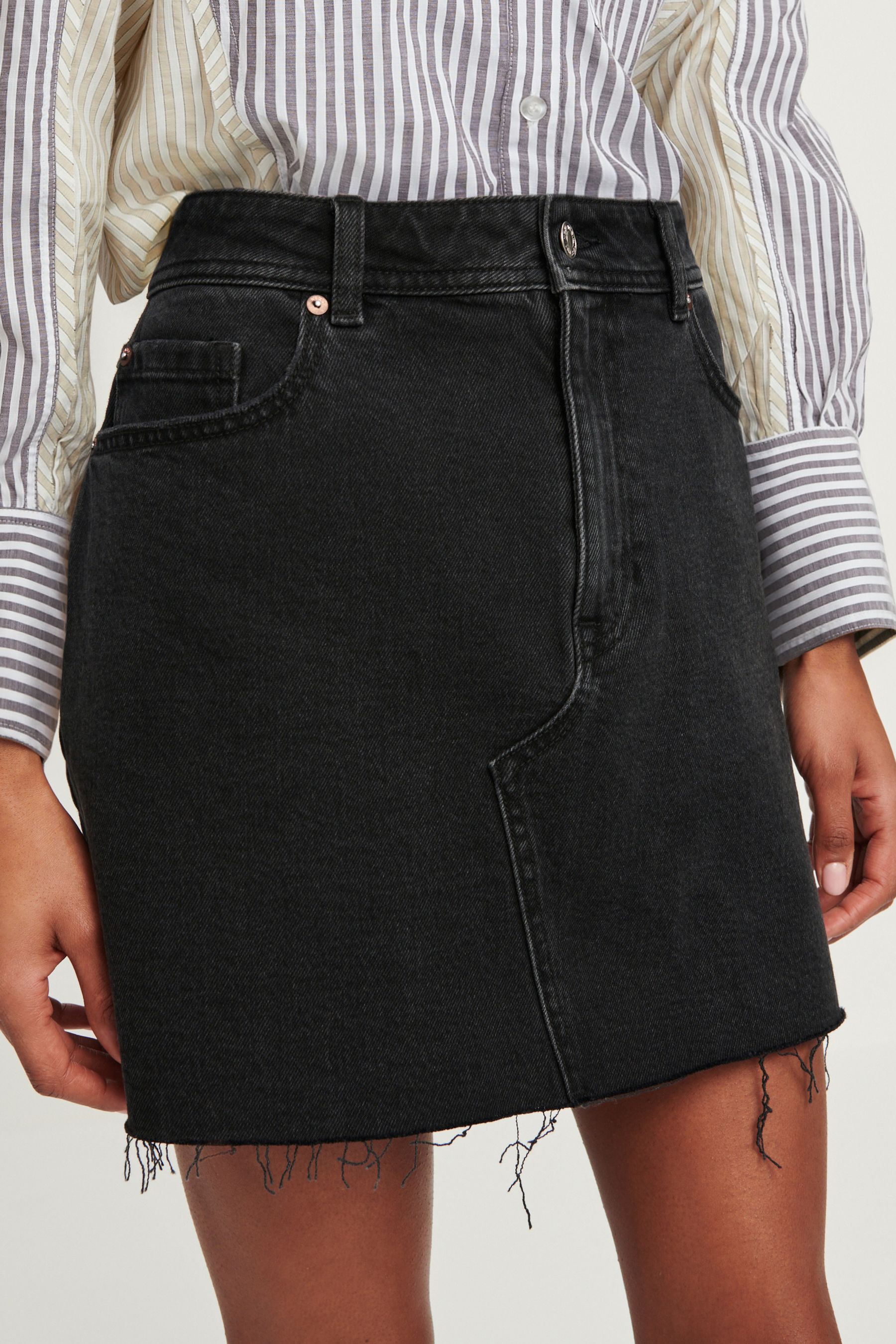 Black Denim Raw Hem Mini Skirt
