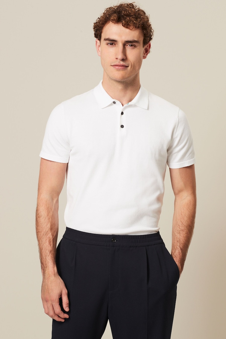 White Slim Fit Knitted Polo Shirt - Image 1 of 8