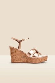 Sosandar Cream Cross Vamp Leather Cork Wedge Sandals - Image 1 of 4