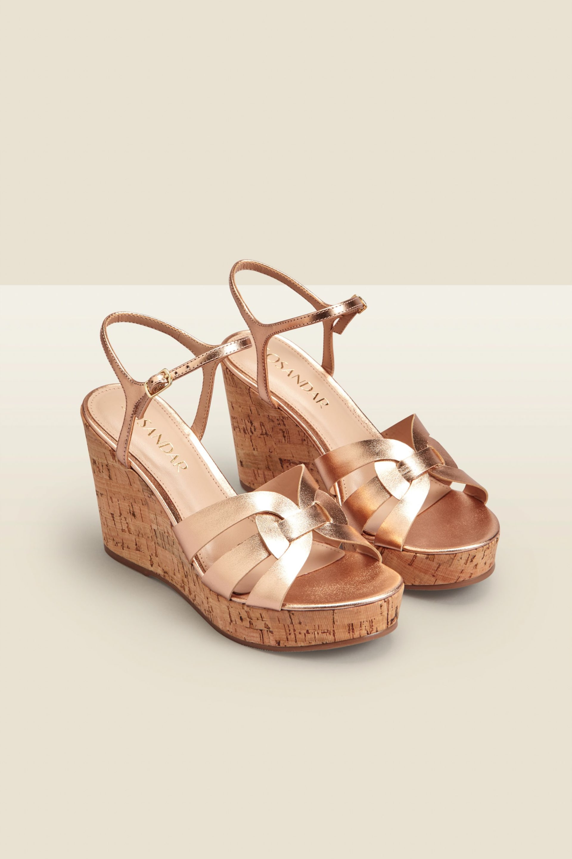 Sosandar Cream Cross Vamp Leather Cork Wedge Sandals - Image 2 of 4