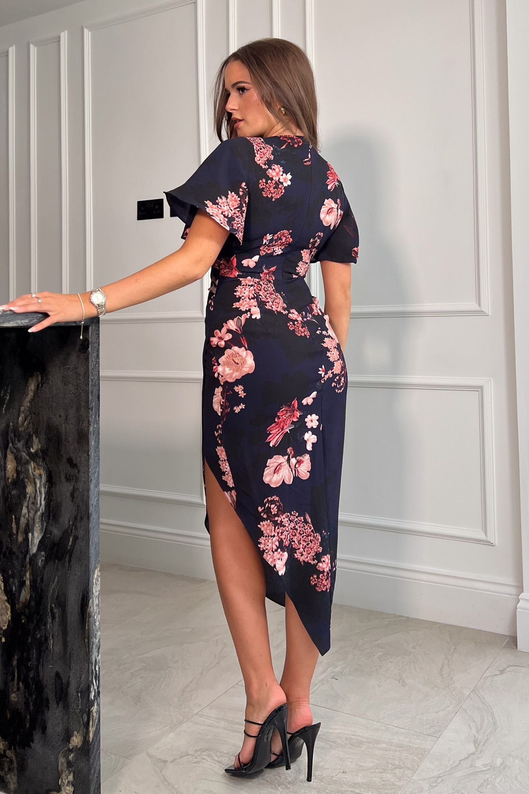 Buy Girl In Mind Navy Floral Natasha Angel Sleeve Wrap Midi Dress from Next Luxembourg