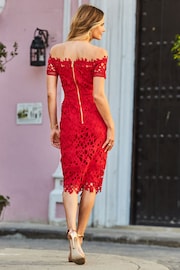 Sosandar Red Bardot Guipure Lace Dress - Image 3 of 5