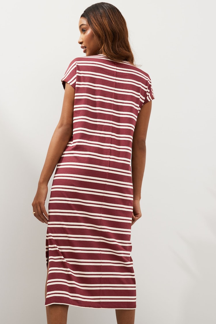 Chocolate Brown Stripe 100% Cotton Short Sleeve Tie Side Summer Dress - Image 2 of 5