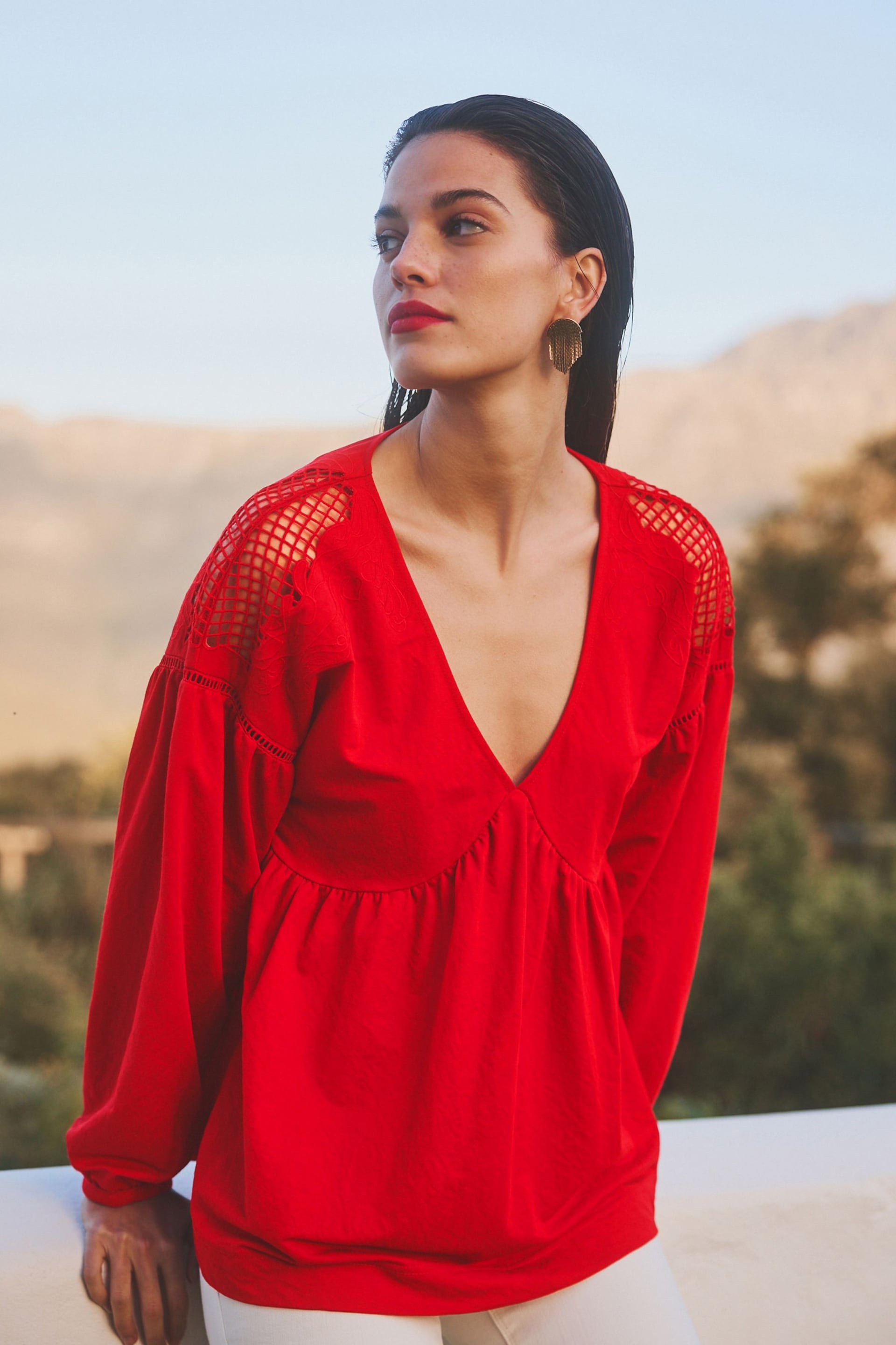 Red Long Sleeve V-Neck Crochet Cutwork Blouse - Image 1 of 6