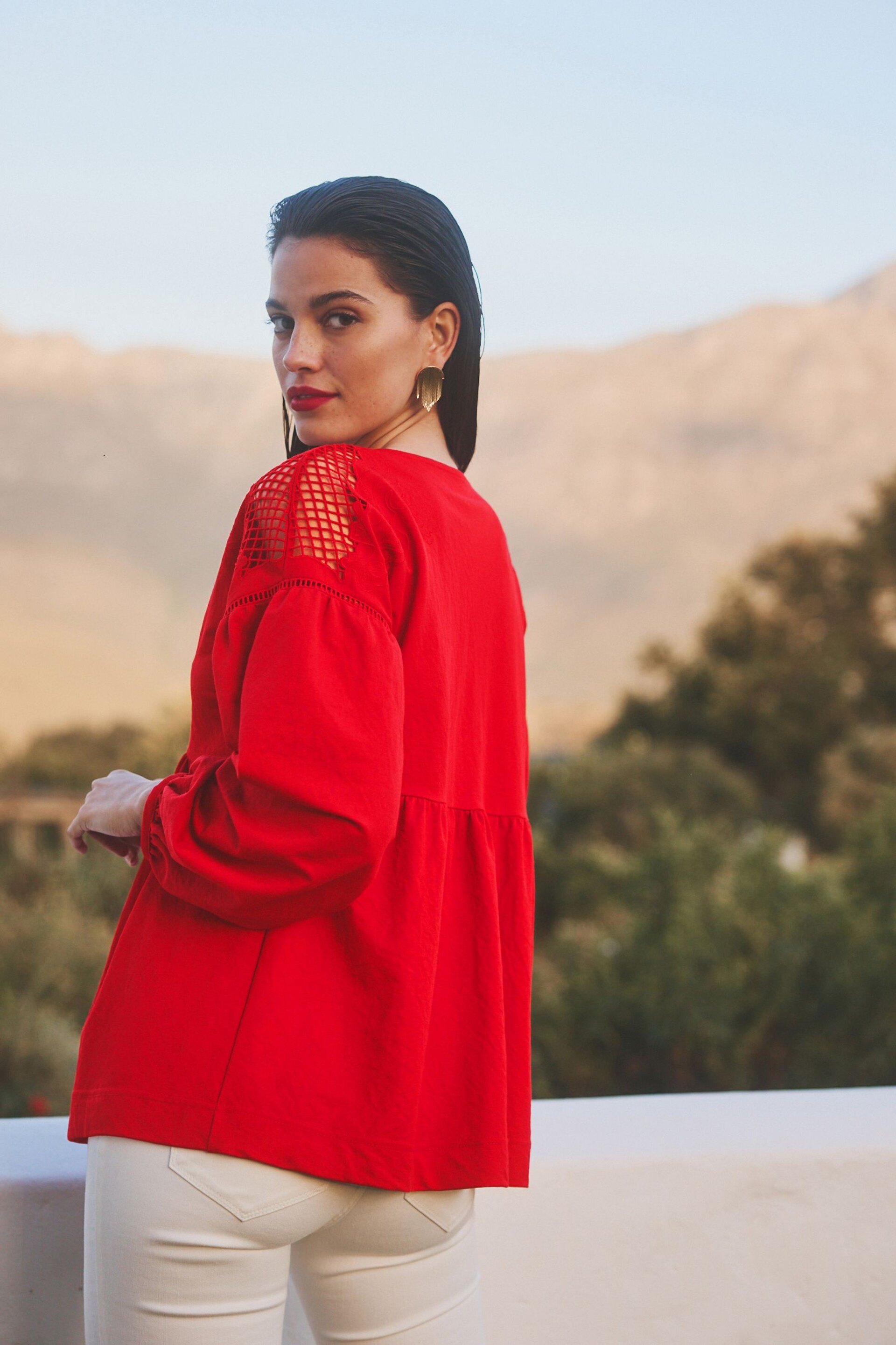 Red Long Sleeve V-Neck Crochet Cutwork Blouse - Image 3 of 6