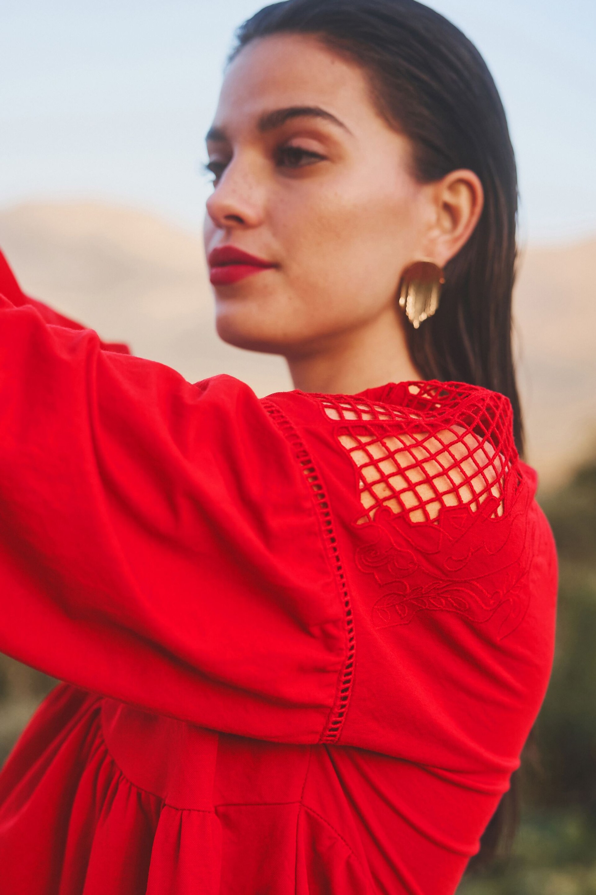 Red Long Sleeve V-Neck Crochet Cutwork Blouse - Image 4 of 6