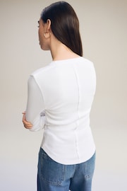 White Ribbed Button Detail Long Sleeve Henley Top - Image 4 of 7