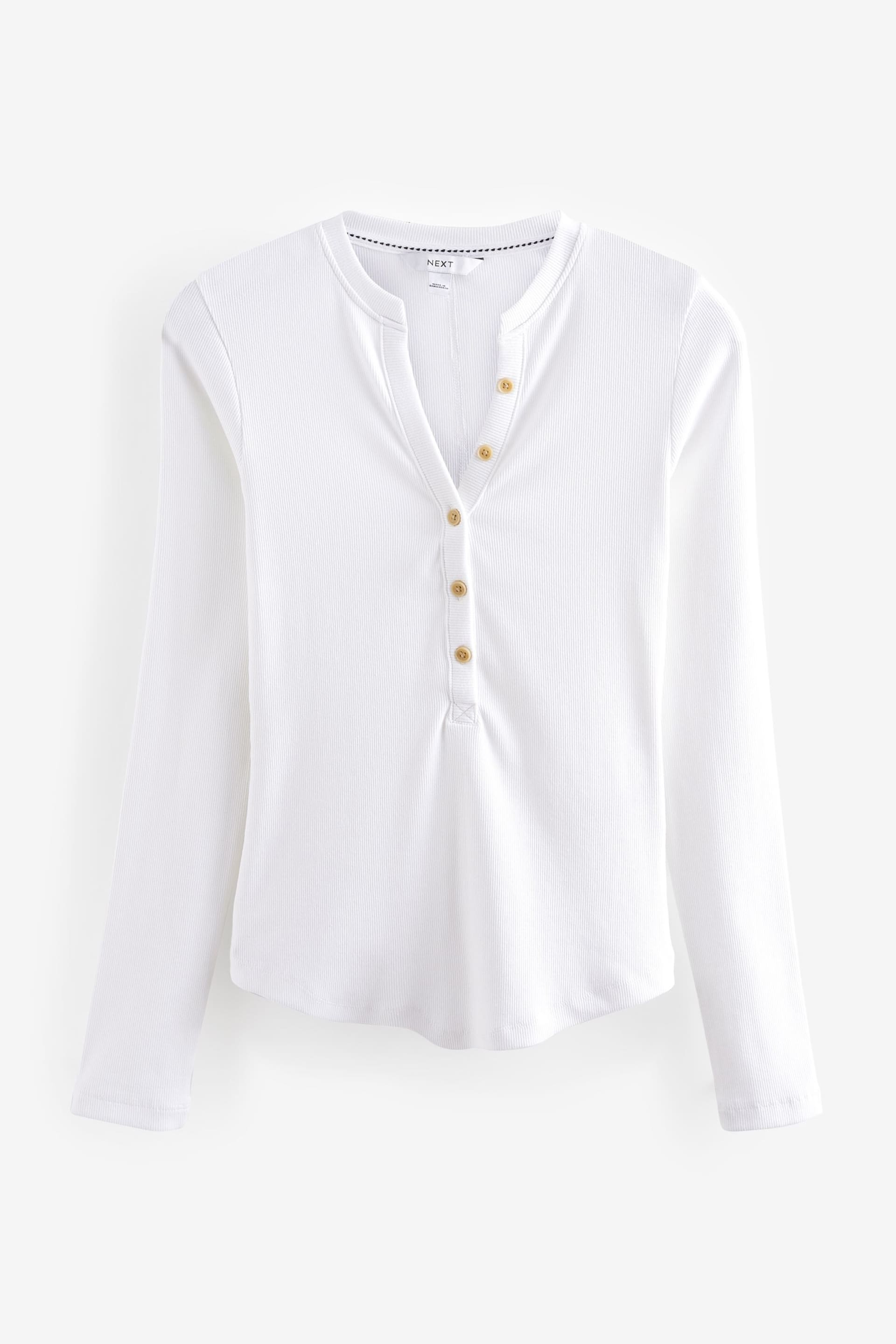 White Ribbed Button Detail Long Sleeve Henley Top - Image 6 of 7