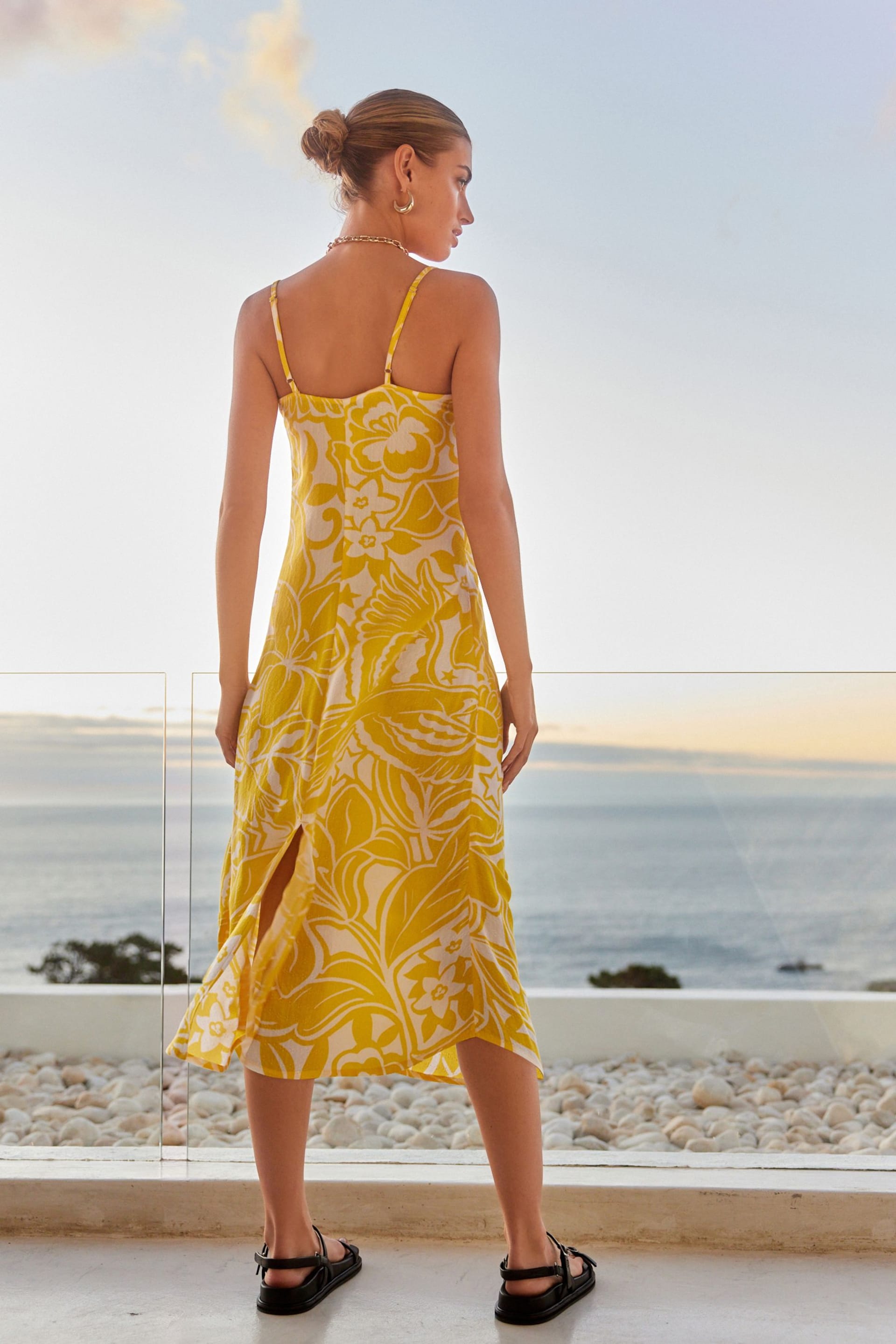 Yellow Floral Print Midi Strappy Summer Slip Dress - Image 3 of 7