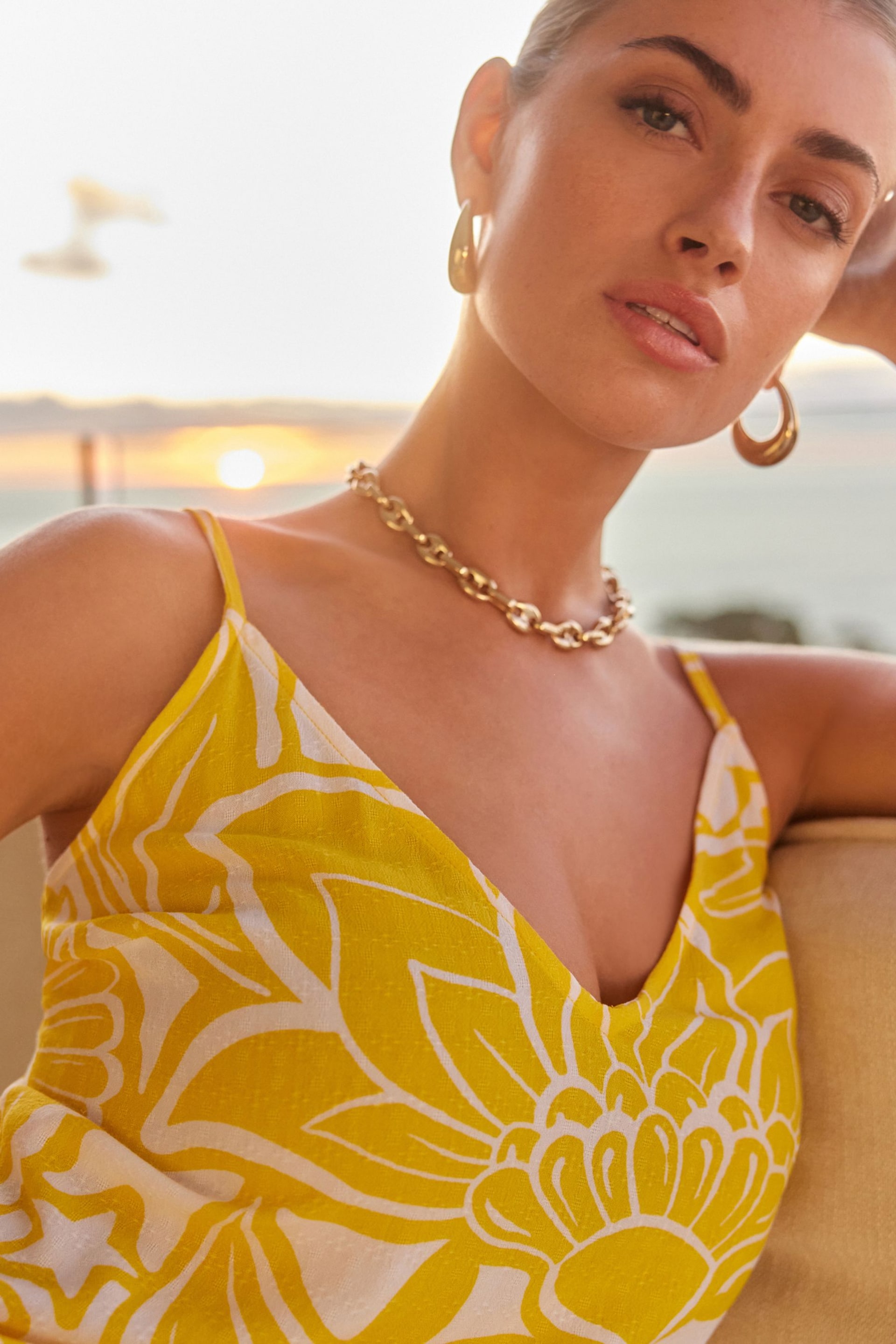 Yellow Floral Print Midi Strappy Summer Slip Dress - Image 5 of 7