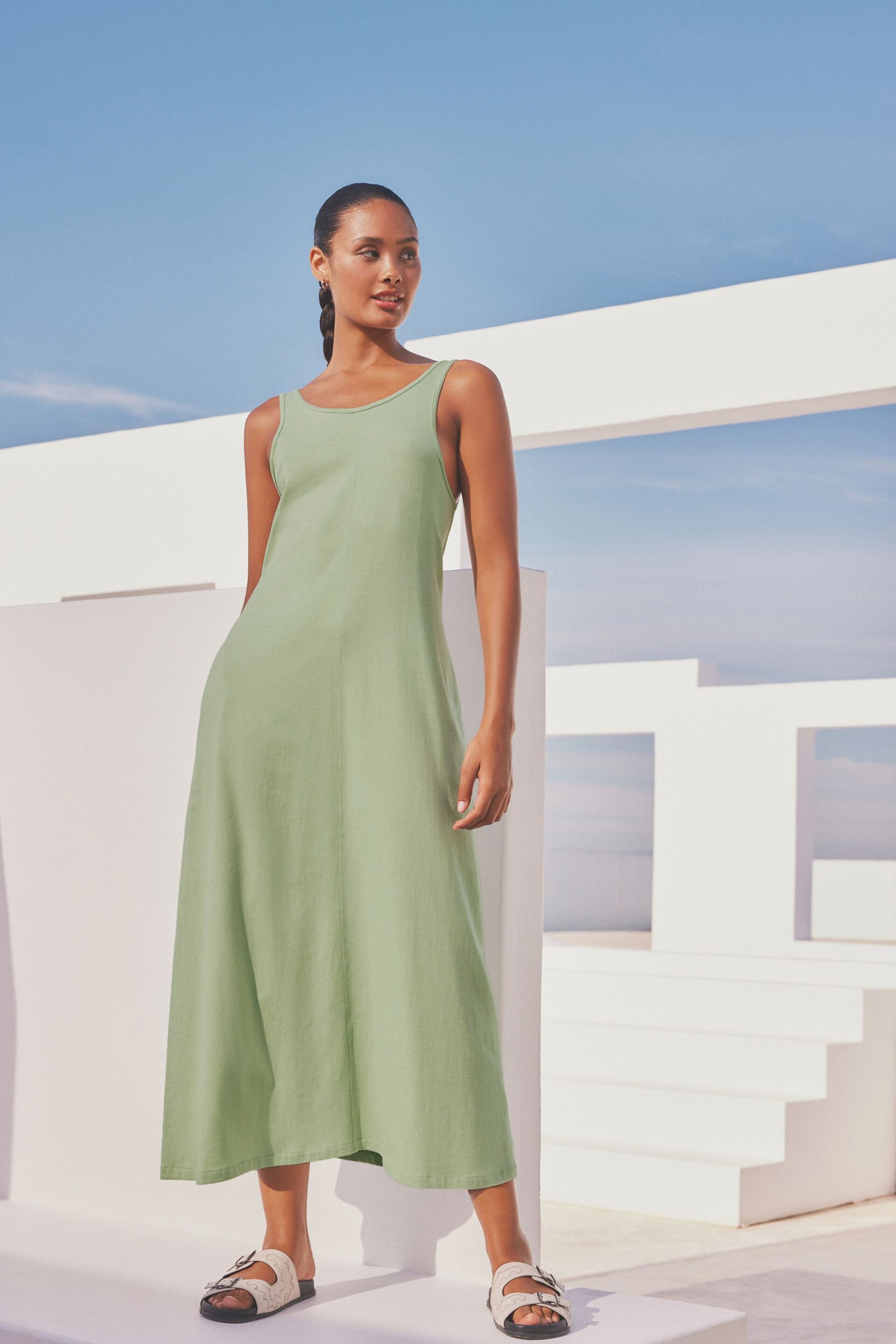 Sage Green Sleeveless Jersey Dress - Image 1 of 7