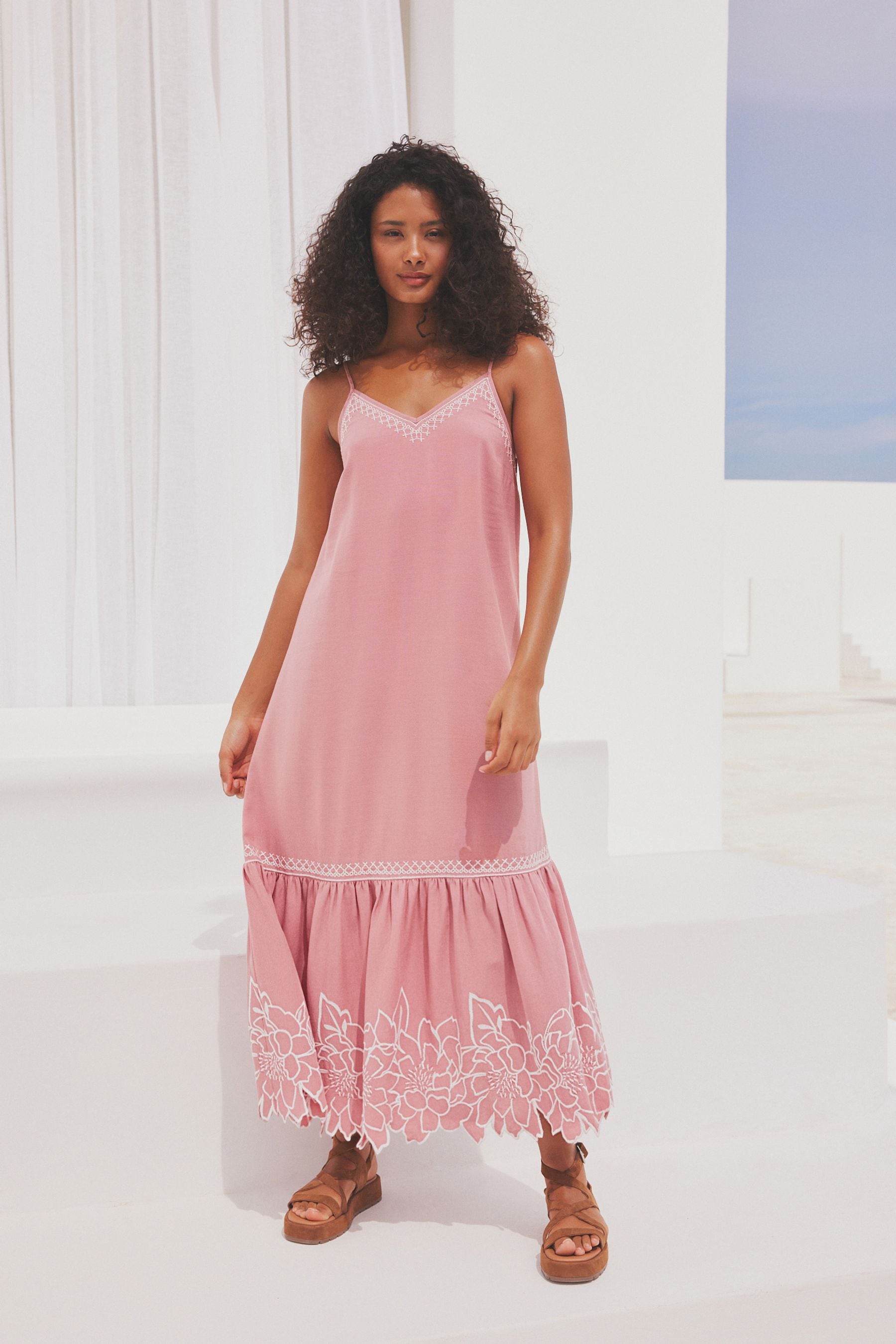 Buy Pink White Embroidered Strappy Midaxi Summer Dress from Next Luxembourg