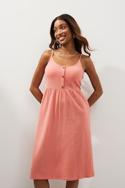 Coral Pink Button Down Cotton Cami Summer Dress - Image 1 of 5