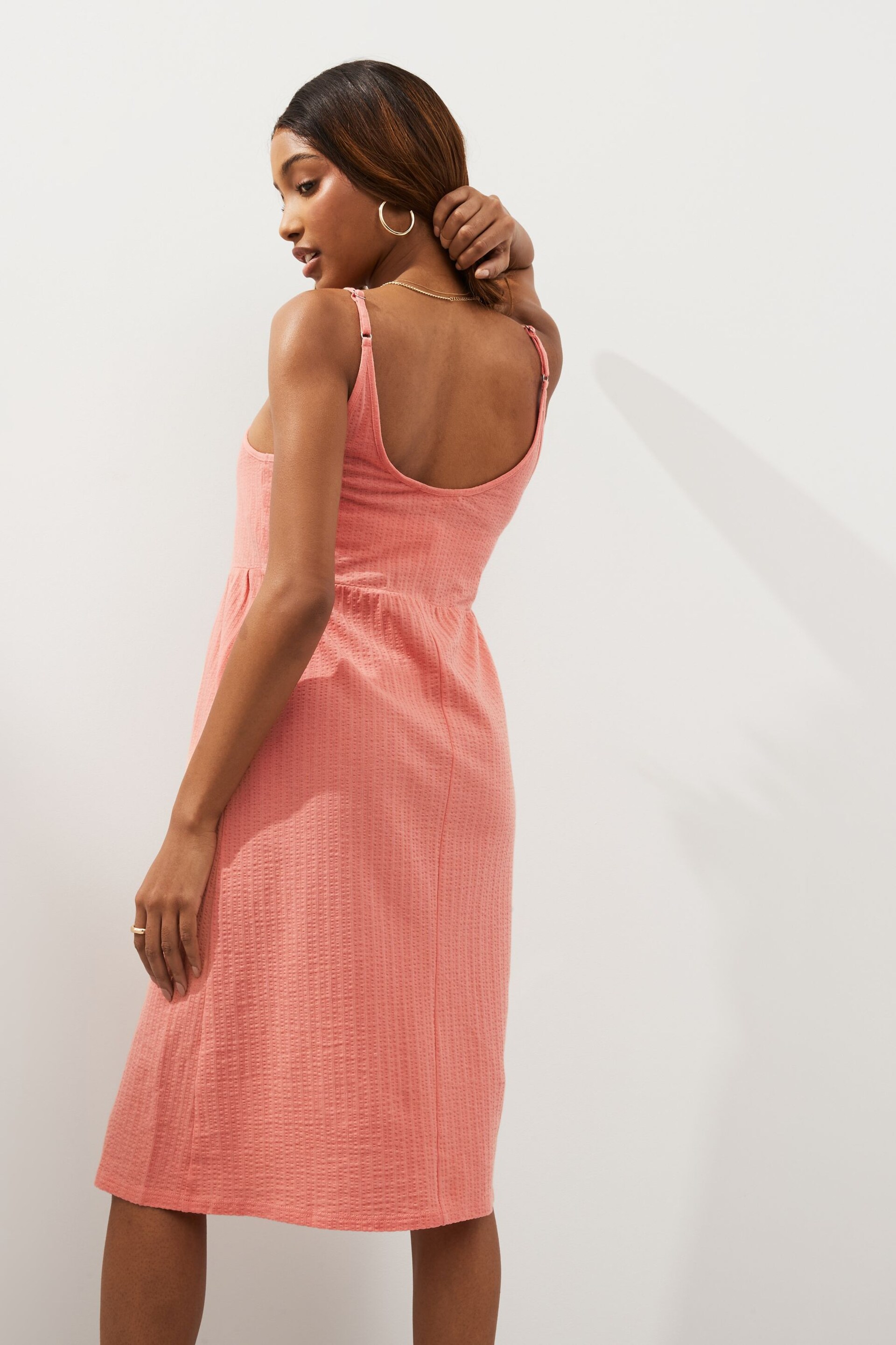 Coral Pink Button Down Cotton Cami Summer Dress - Image 2 of 5