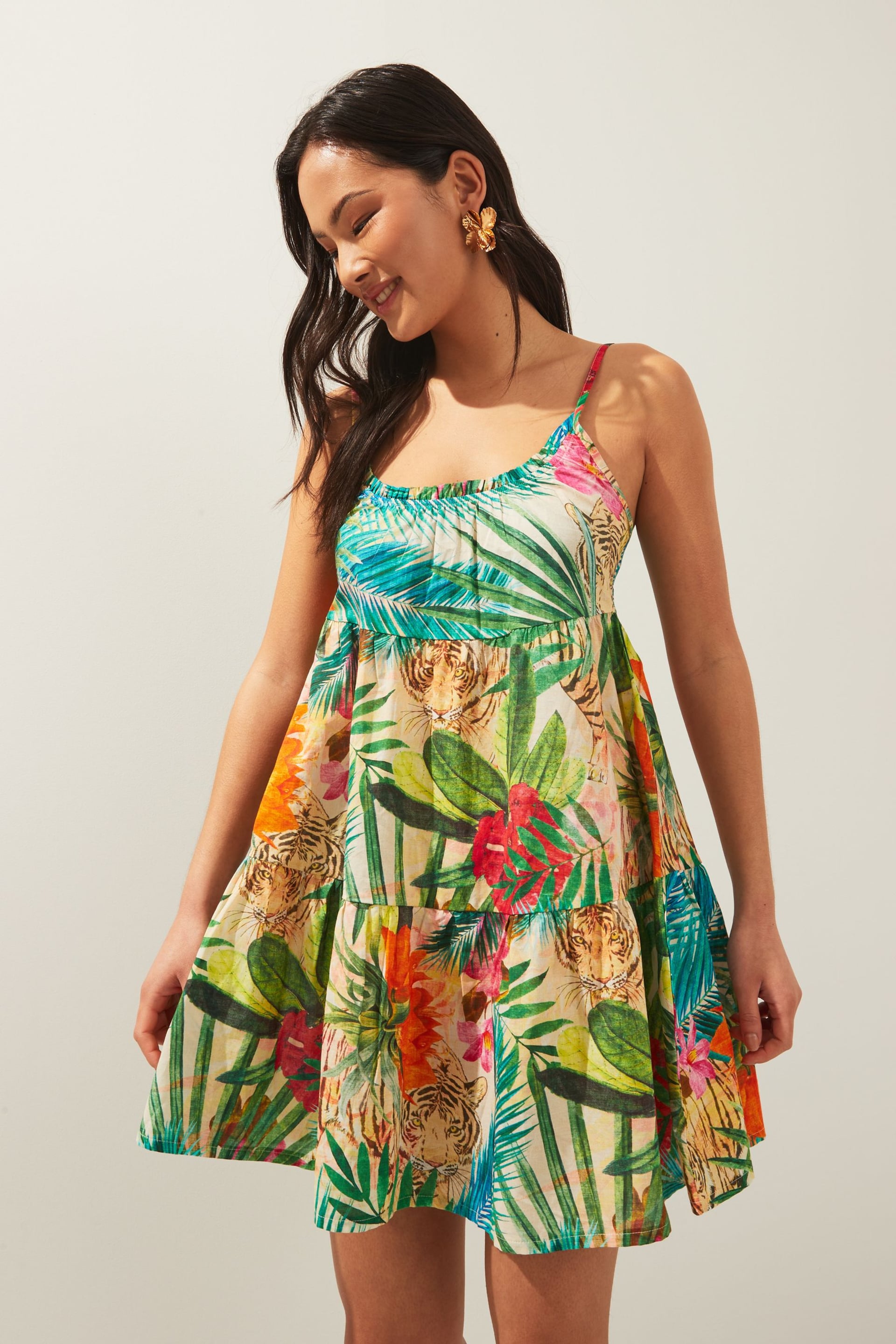 Tropical Mini Tiered Summer Cotton Dress - Image 1 of 3