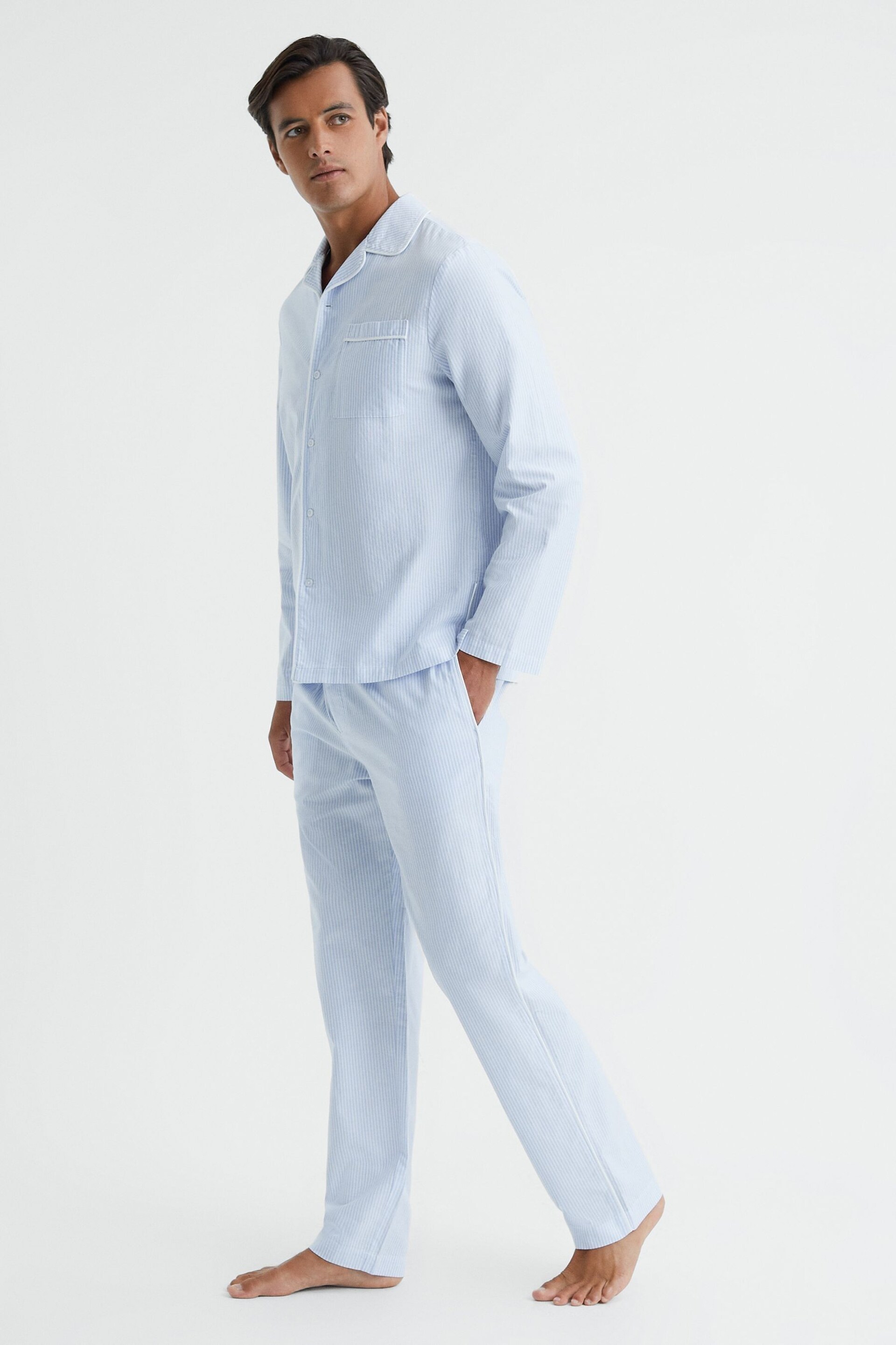 Reiss Blue/White Westley Striped Cotton Button-Through Pyjama Shirt - Image 3 of 5
